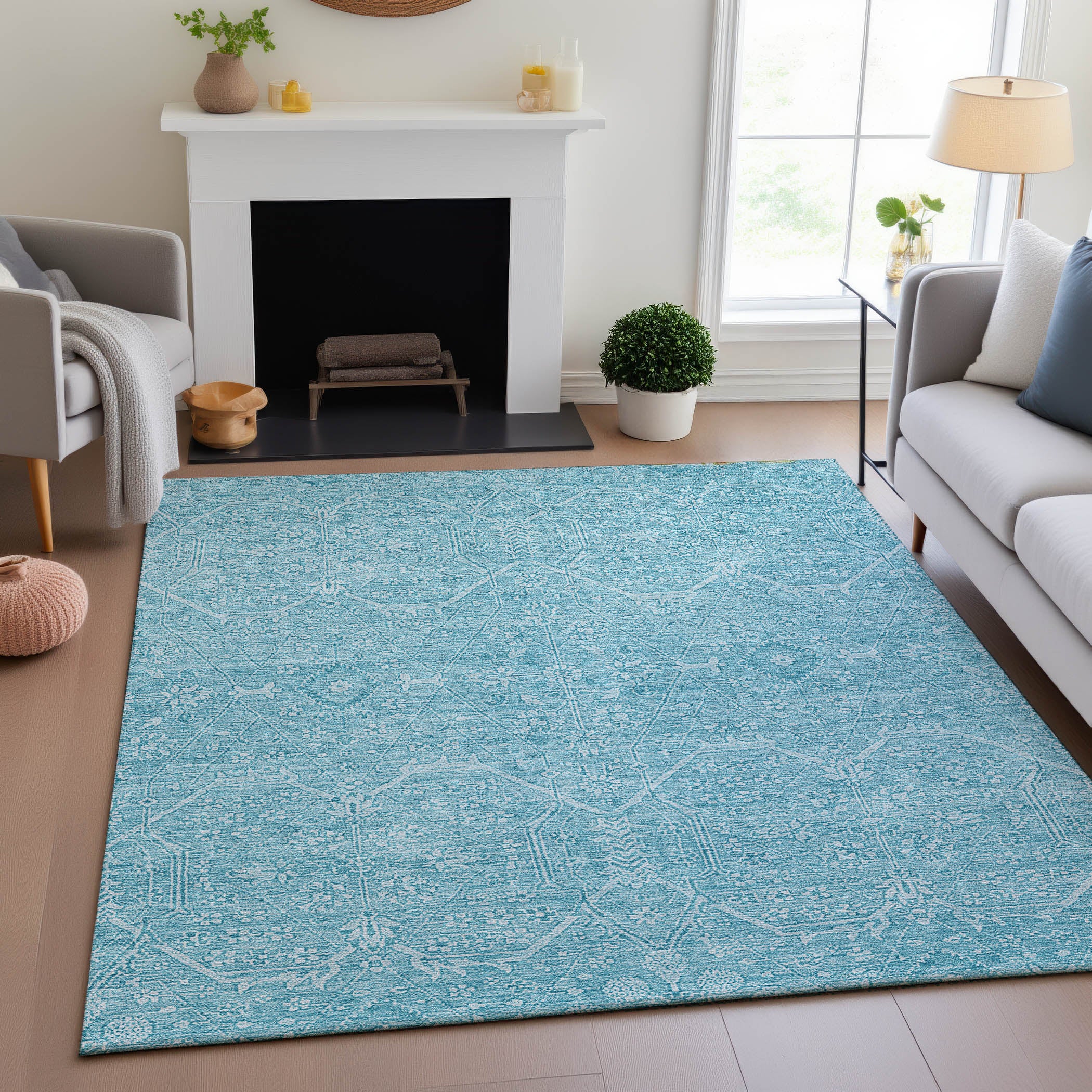 Kotor Machine Washable Traditional Sky Blue Rug 2'6" x 3'10" #shape_Rectangle