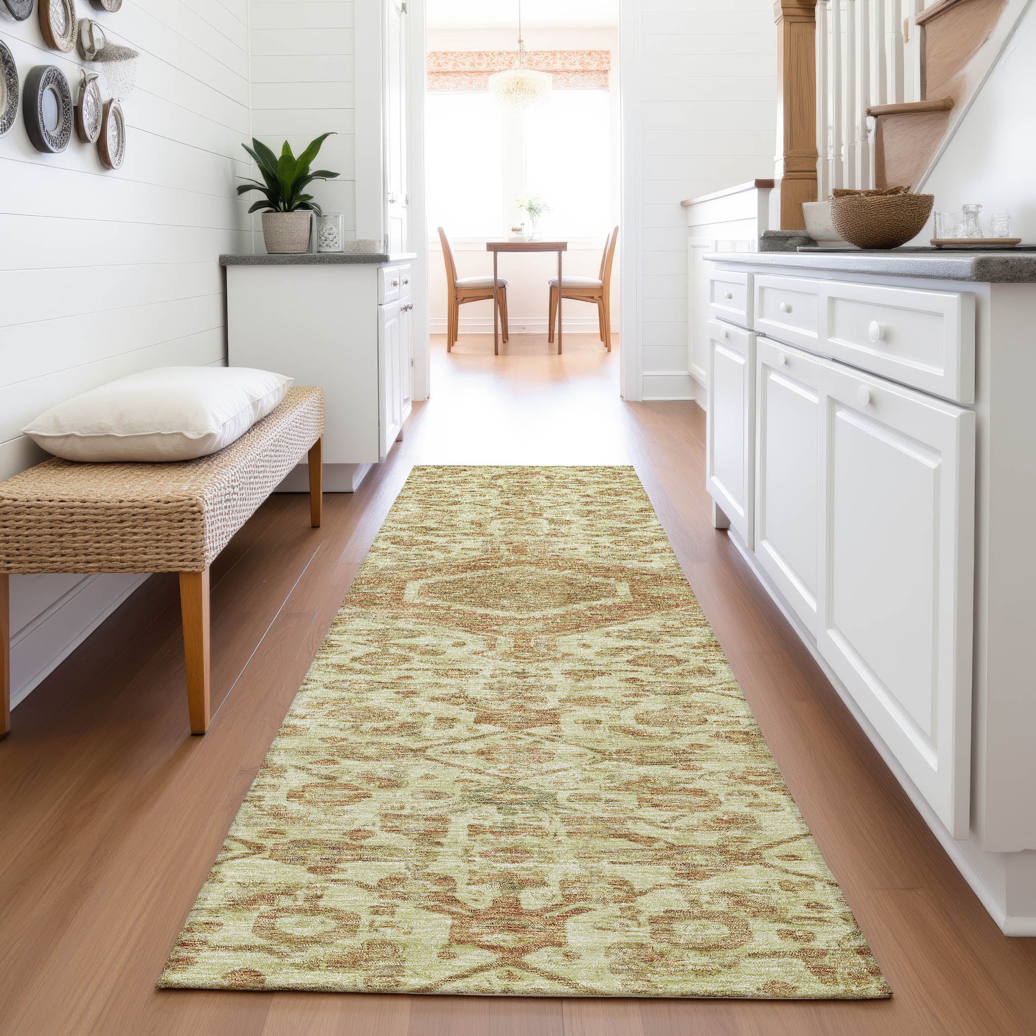 Oslo Machine Washable Traditional Beige Brown Rug 2'3" x 7'6" #shape_Runner