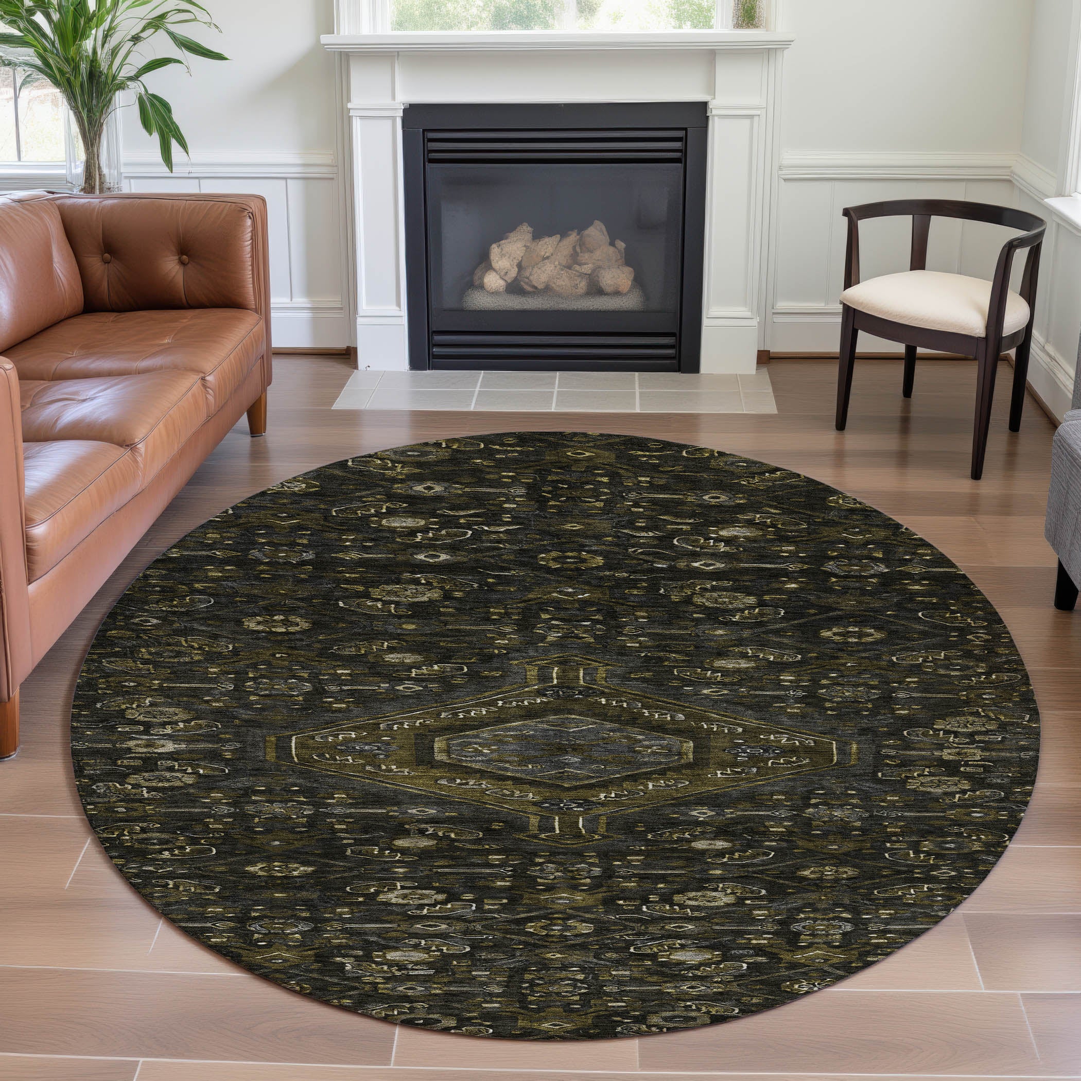 Oslo Machine Washable Traditional Charcoal Gray Rug 8' x 8' #shape_Round