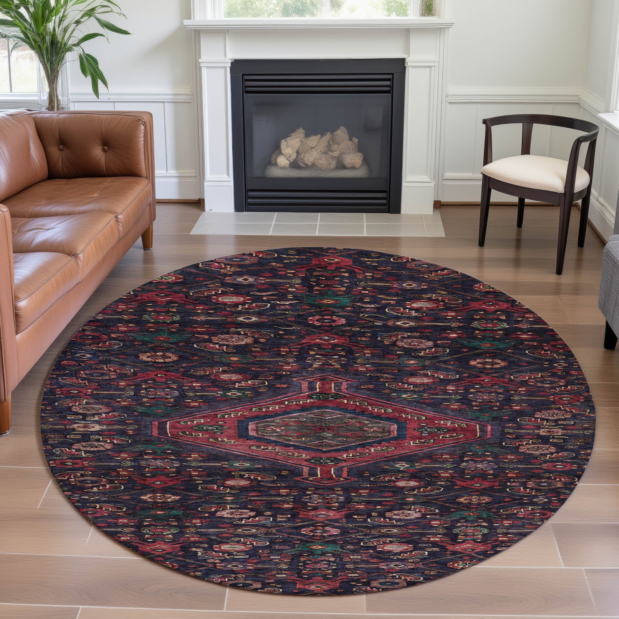 Oslo Machine Washable Traditional Navy Blue Rug 8' x 8' #shape_Round