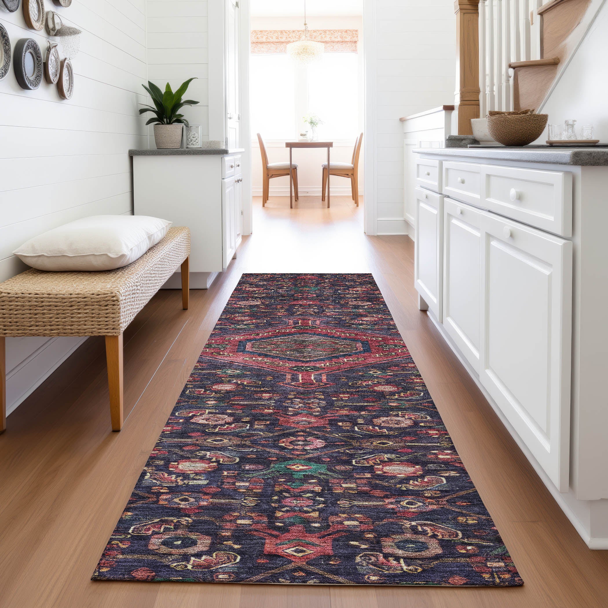 Oslo Machine Washable Traditional Navy Blue Rug 2'3" x 7'6" #shape_Runner