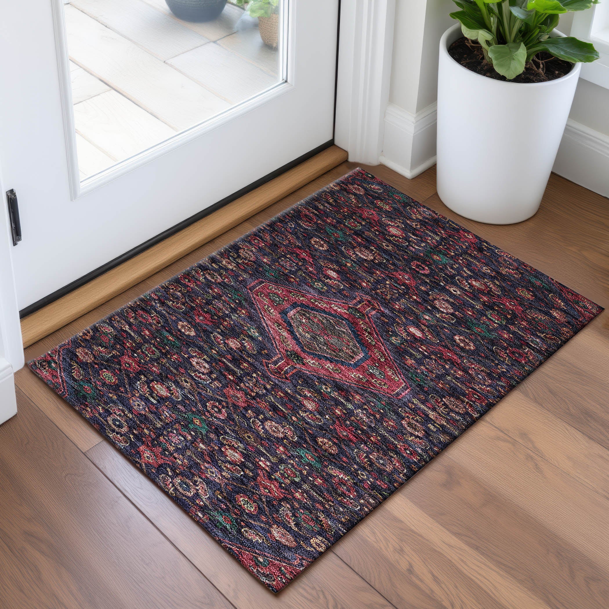 Oslo Machine Washable Traditional Navy Blue Rug 1'8" x 2'6" #shape_Rectangle