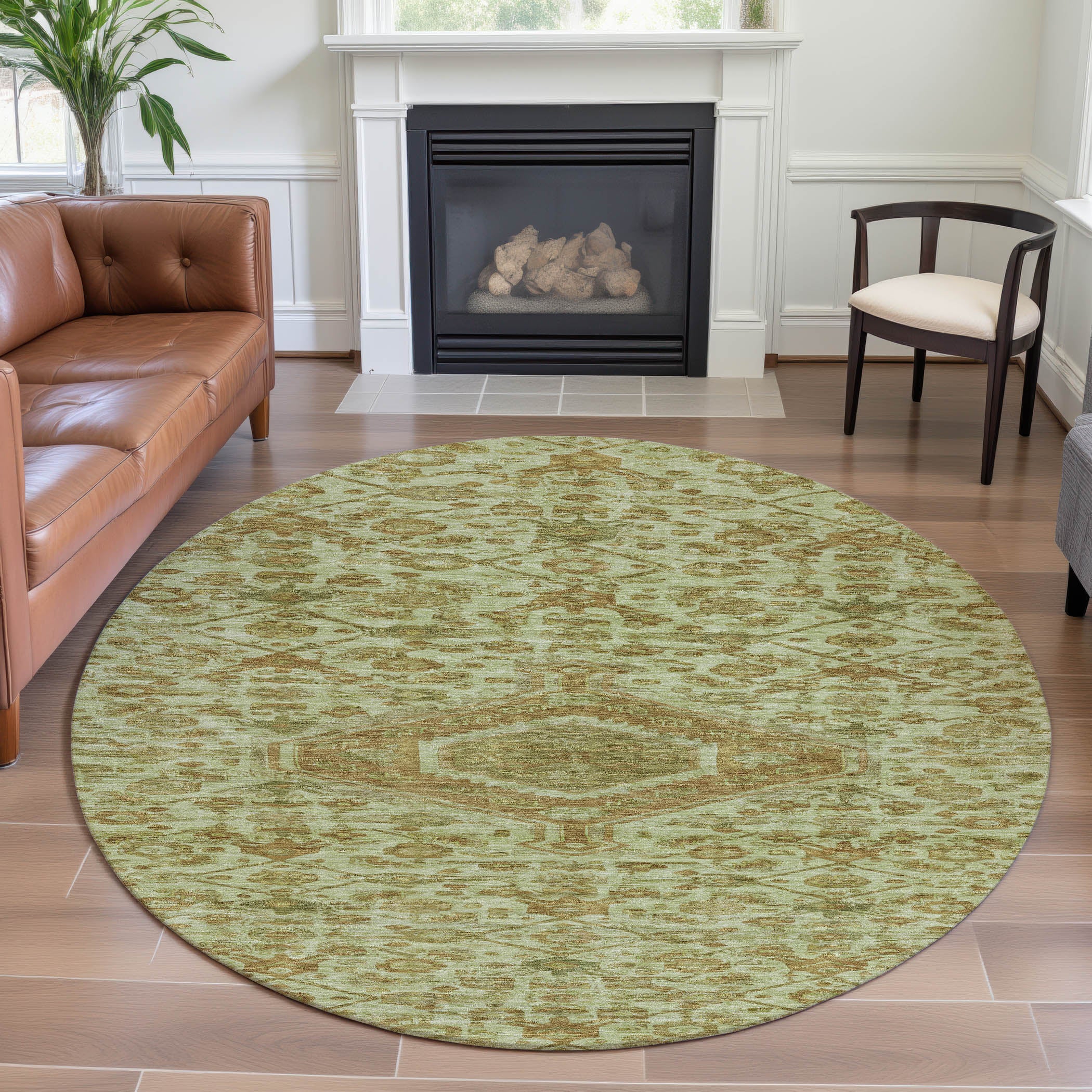 Oslo Machine Washable Traditional Sage Green Rug 8' x 8' #shape_Round
