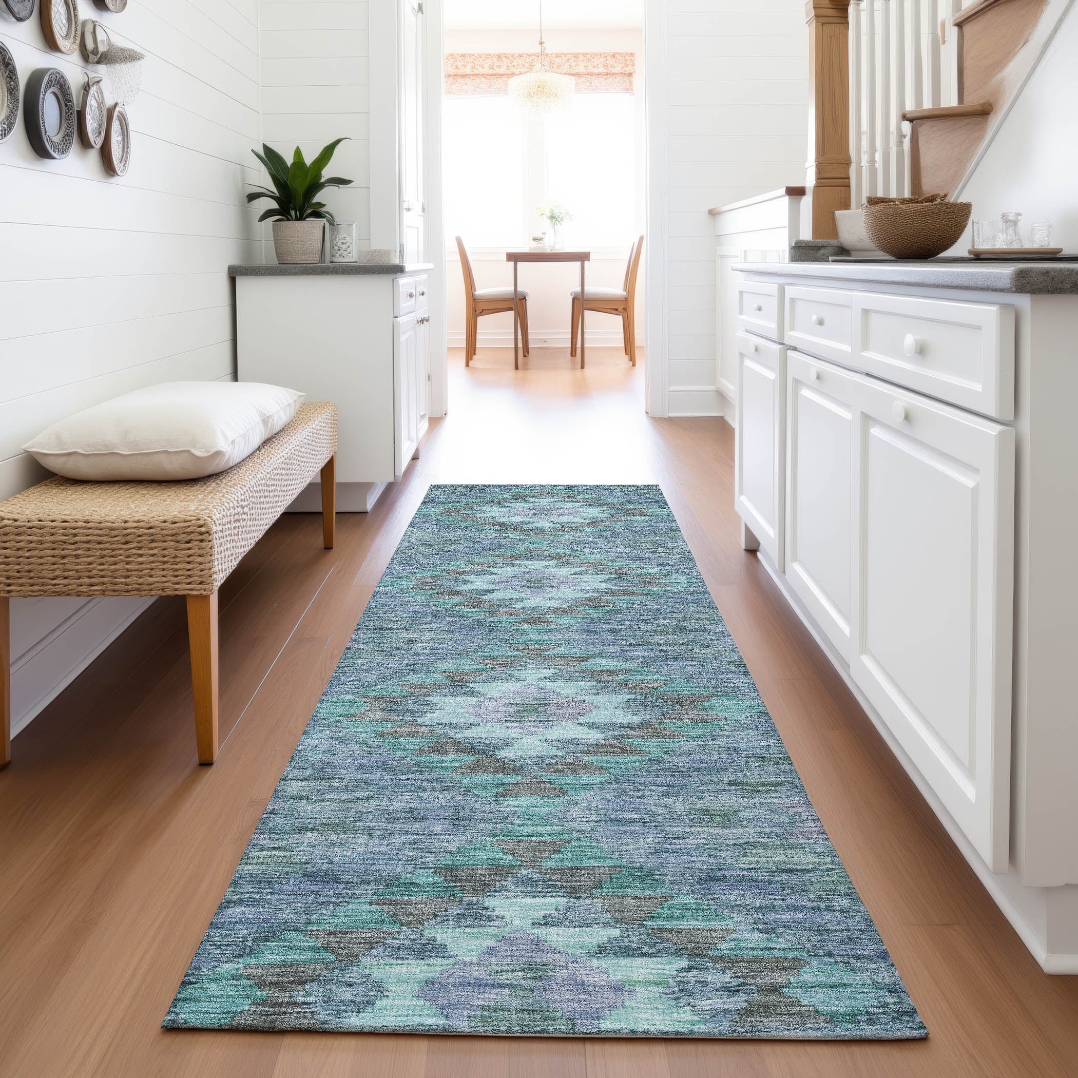 Bogota Machine Washable Transitional Blue Rug 2'3" x 7'6" #shape_Runner