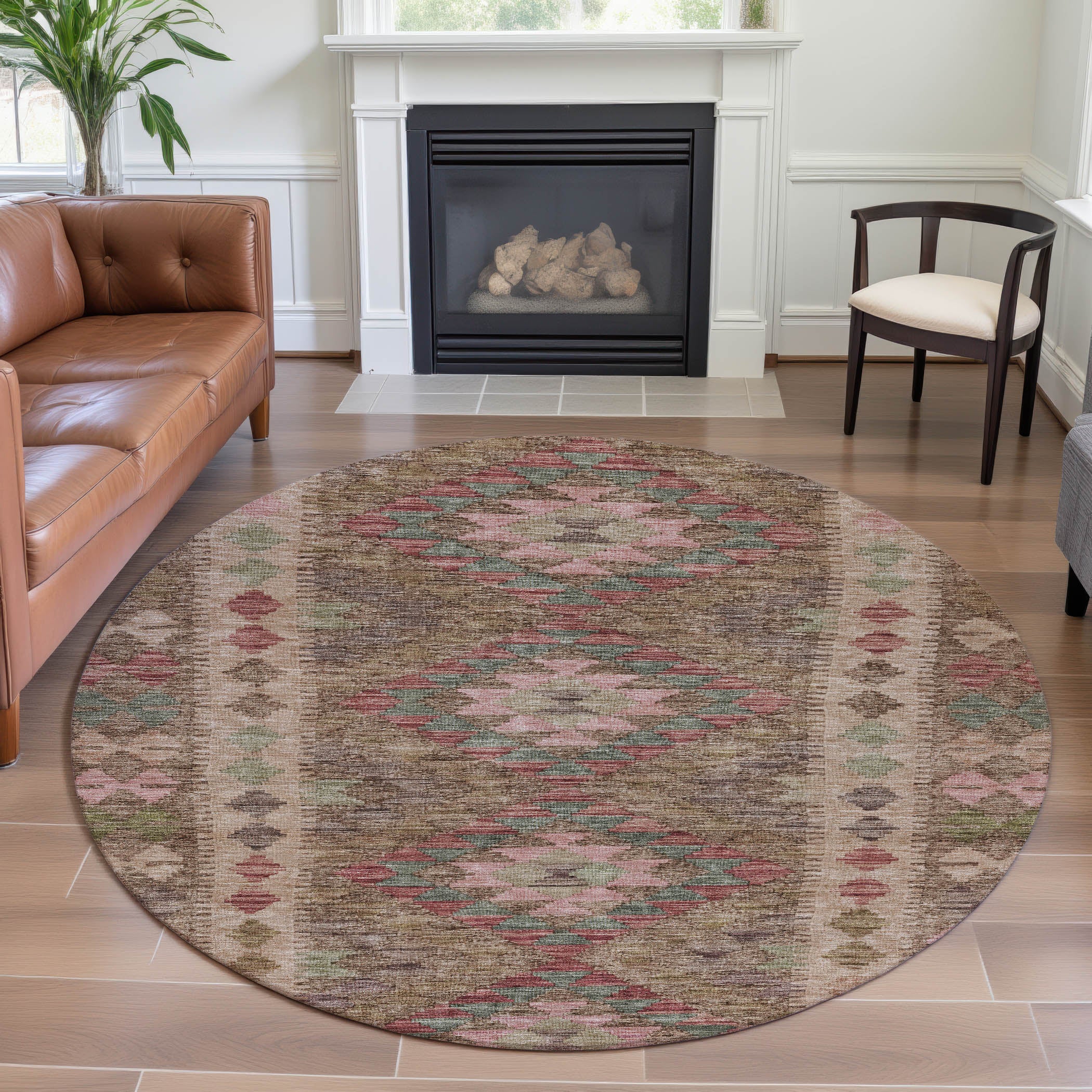 Bogota Machine Washable Transitional Brown Rug 8' x 8' #shape_Round