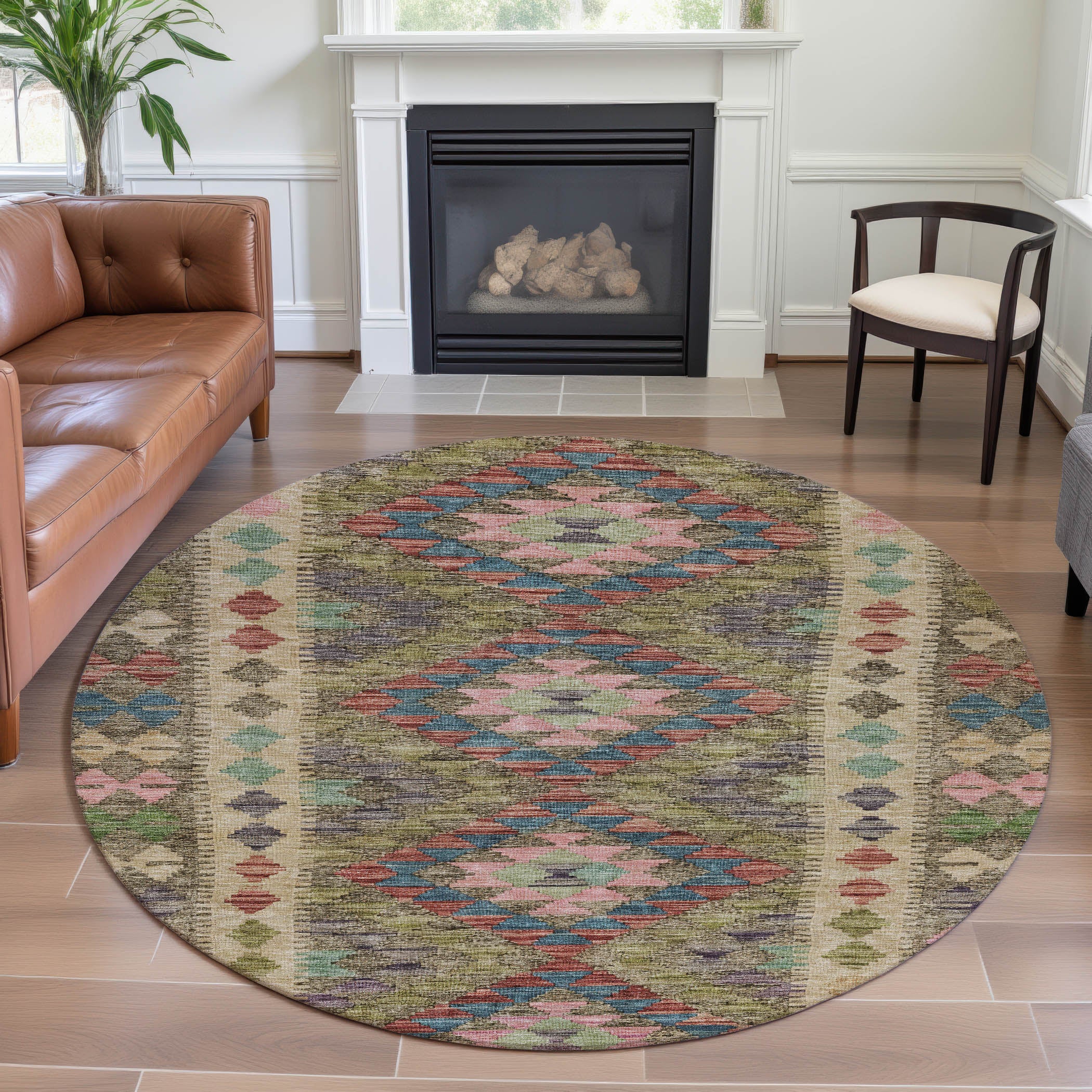Bogota Machine Washable Transitional Green Rug 8' x 8' #shape_Round