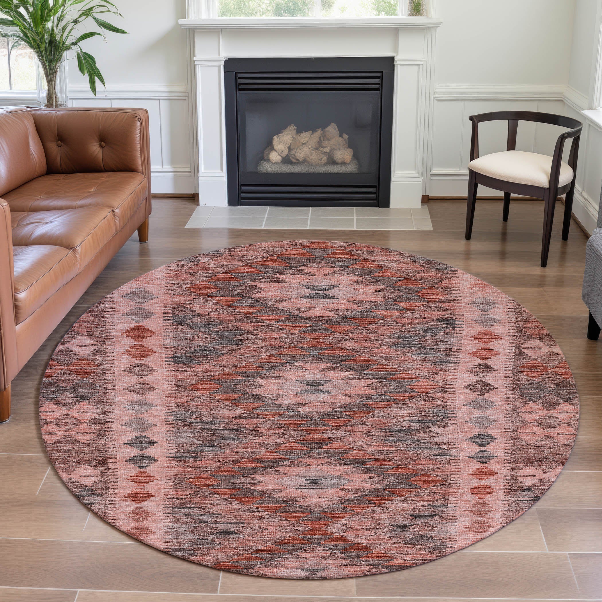 Bogota Machine Washable Transitional Terracotta Orange Rug 8' x 8' #shape_Round