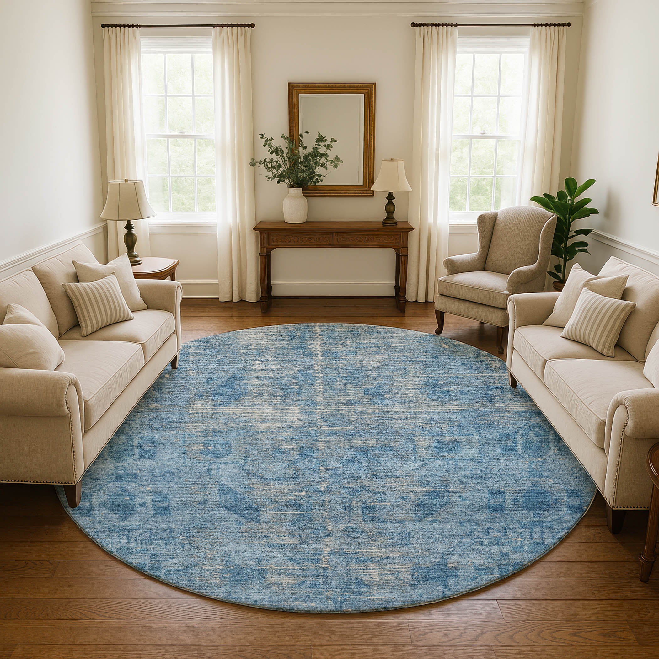 Salzburg Machine Washable Traditional Blue Rug 8' x 8' #shape_Round