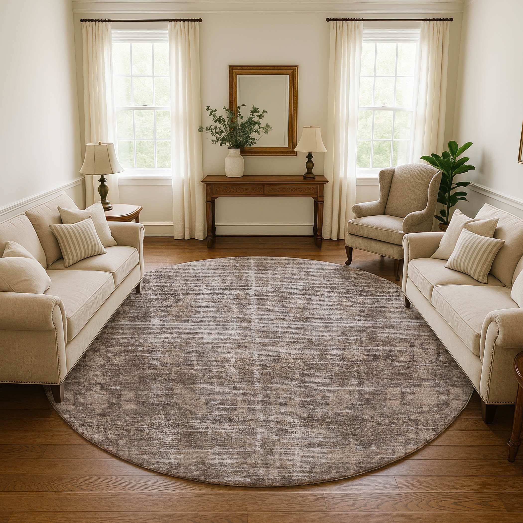 Salzburg Machine Washable Traditional Brown Rug 8' x 8' #shape_Round
