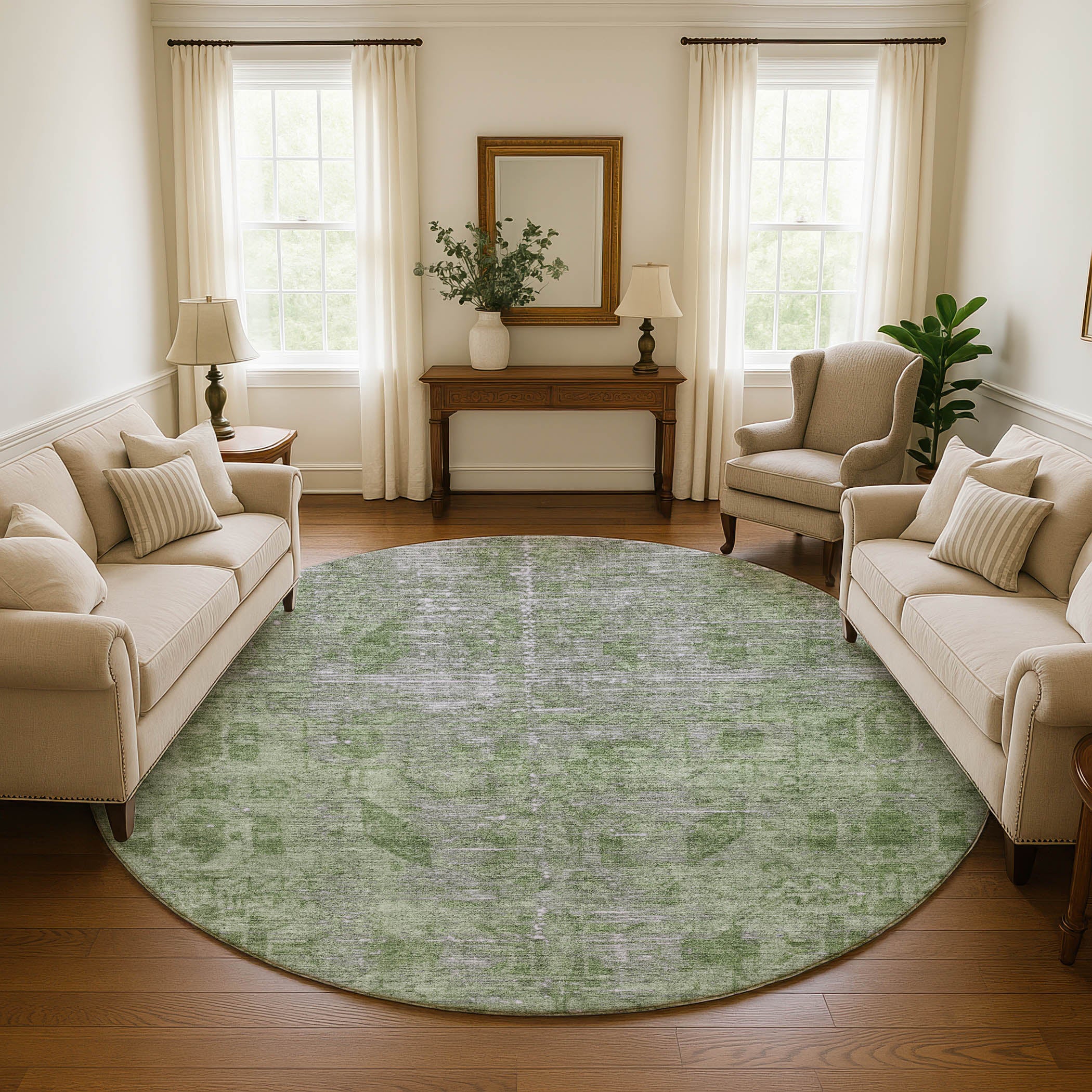 Salzburg Machine Washable Traditional Fern Green Rug 8' x 8' #shape_Round