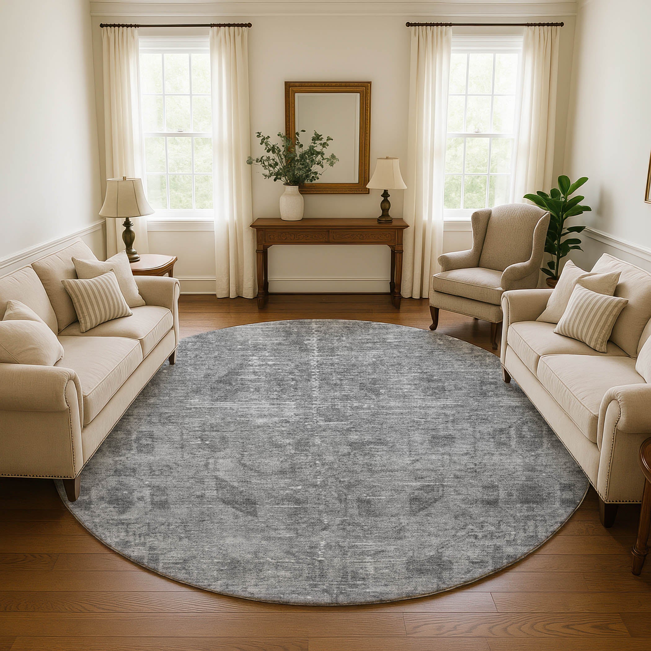 Salzburg Machine Washable Traditional Gray Rug 8' x 8' #shape_Round