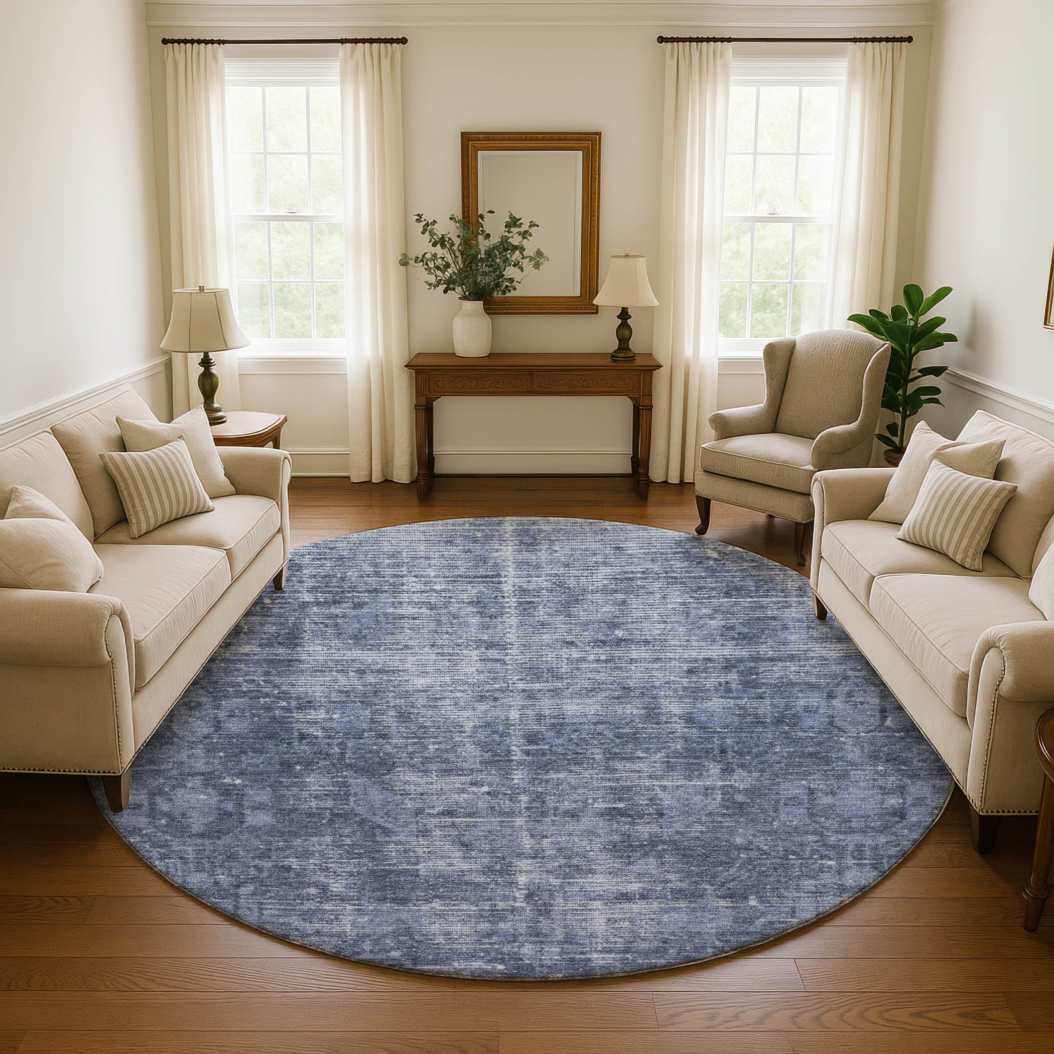 Salzburg Machine Washable Traditional Navy Blue Rug 8' x 8' #shape_Round