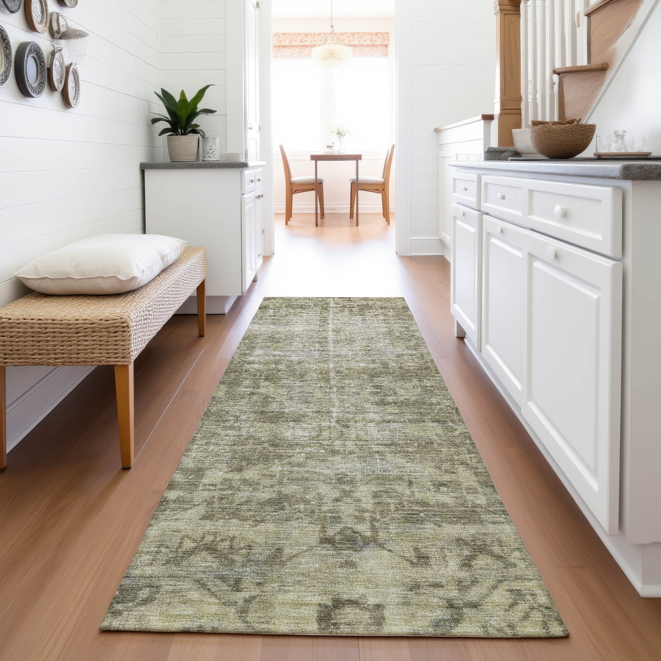 Salzburg Machine Washable Traditional Olive Green Rug 2'3" x 7'6" #shape_Runner