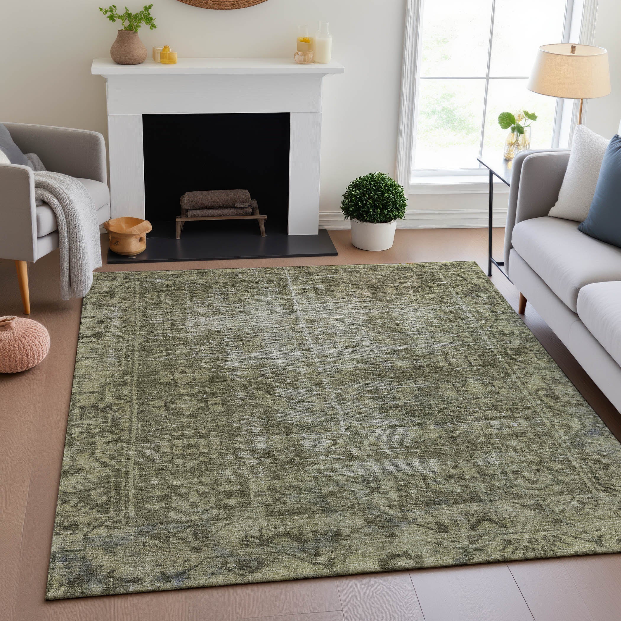 Salzburg Machine Washable Traditional Olive Green Rug 2'6" x 3'10" #shape_Rectangle
