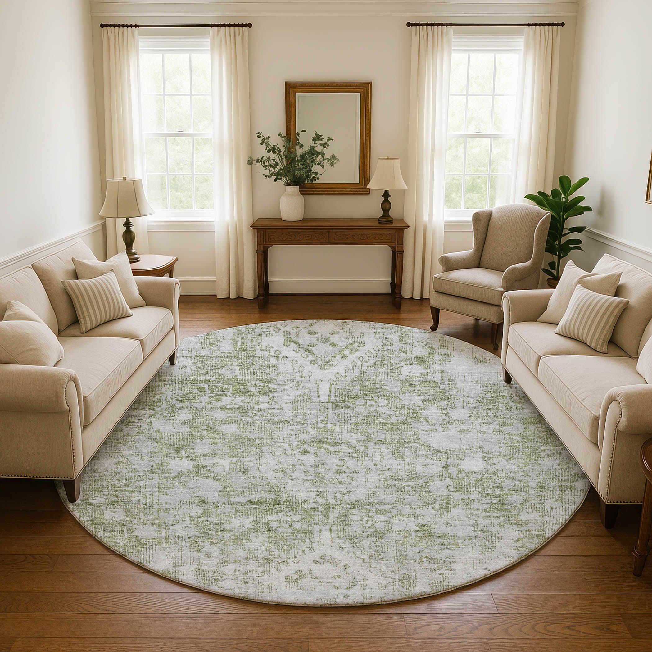 Salzburg Machine Washable Traditional Aloe Green Rug 8' x 8' #shape_Round
