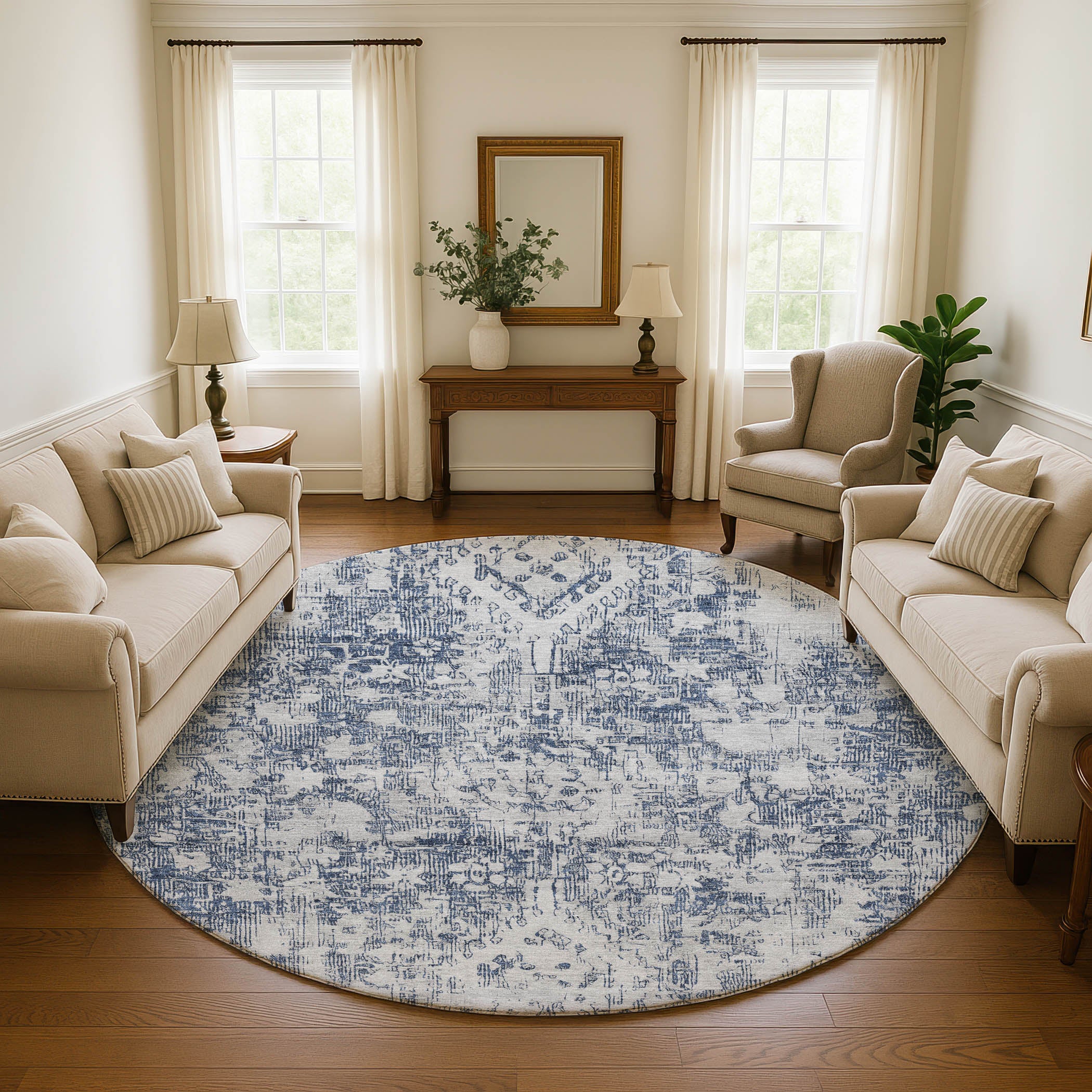 Salzburg Machine Washable Traditional Navy Blue Rug 8' x 8' #shape_Round