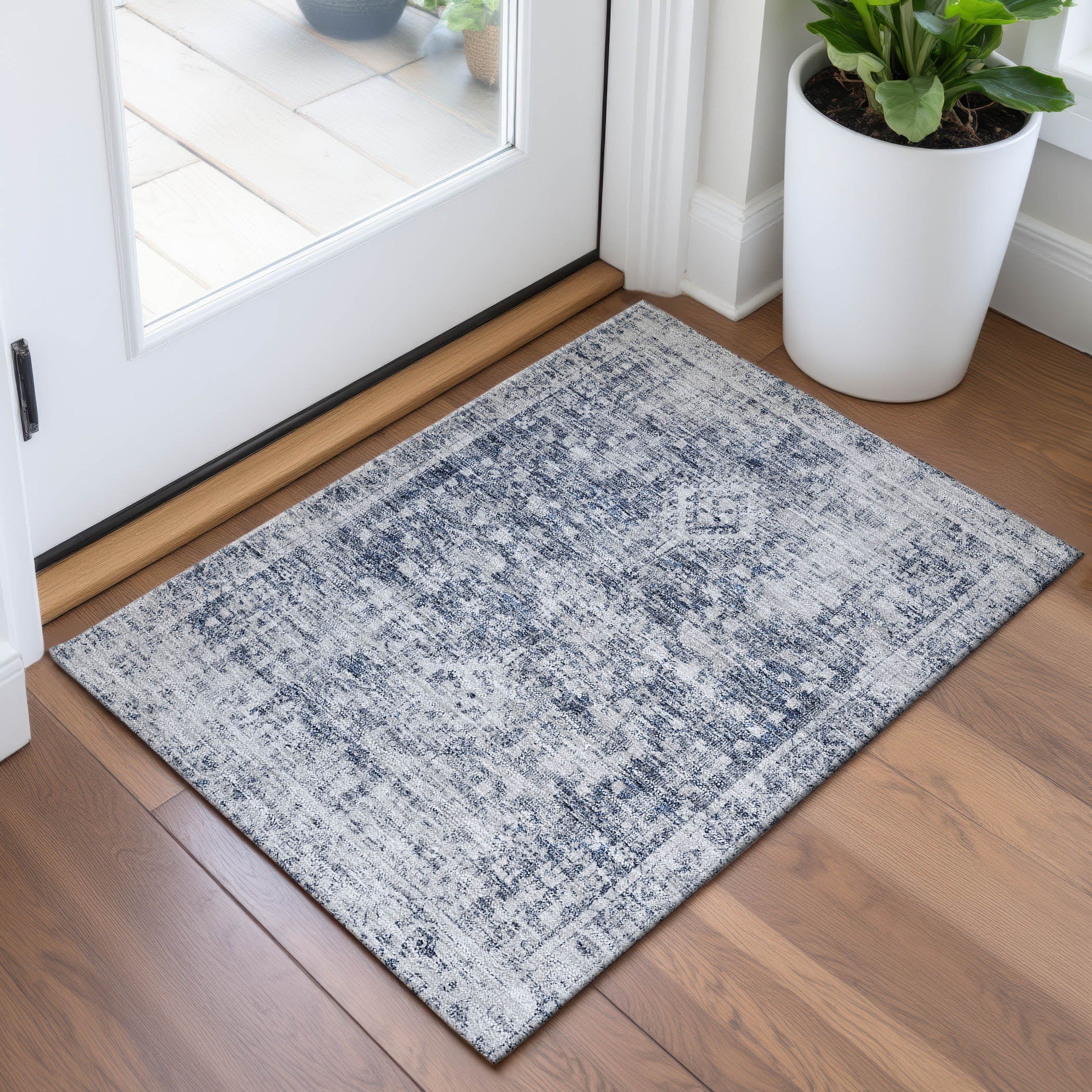 Salzburg Machine Washable Traditional Navy Blue Rug 1'8" x 2'6" #shape_Rectangle