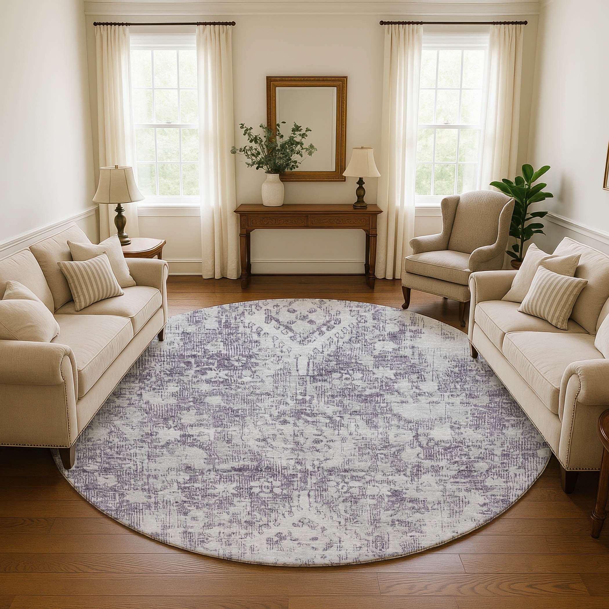 Salzburg Machine Washable Traditional Plum Purple Rug 8' x 8' #shape_Round