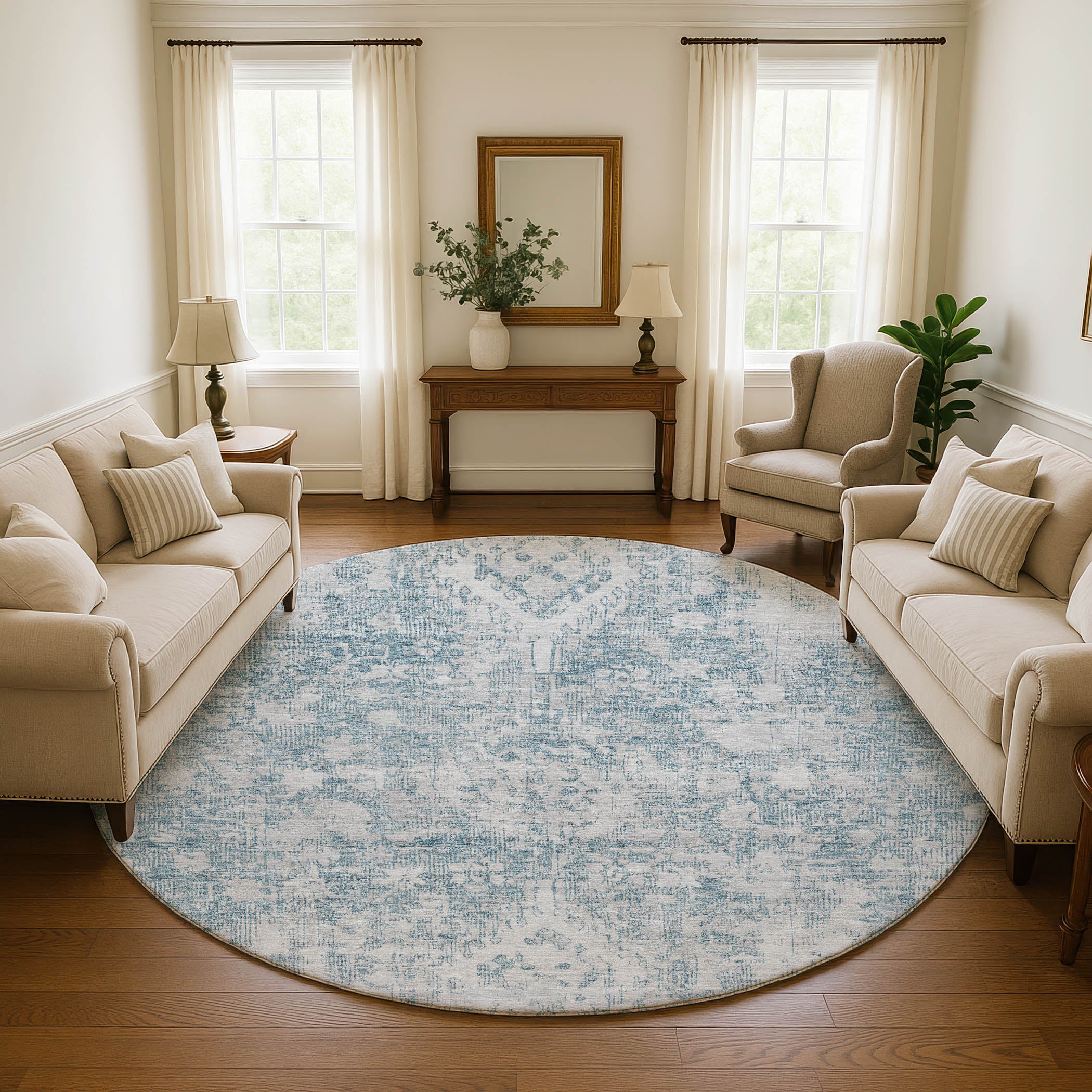 Salzburg Machine Washable Traditional Sky Blue Rug 8' x 8' #shape_Round
