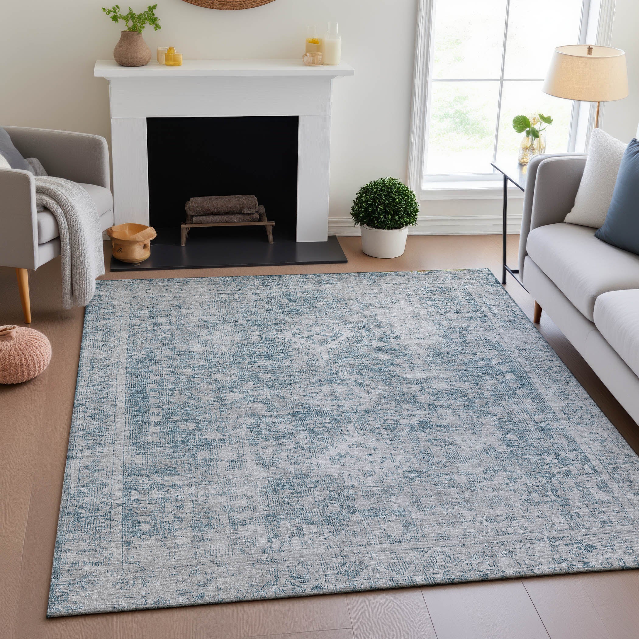 Salzburg Machine Washable Traditional Sky Blue Rug 2'6" x 3'10" #shape_Rectangle