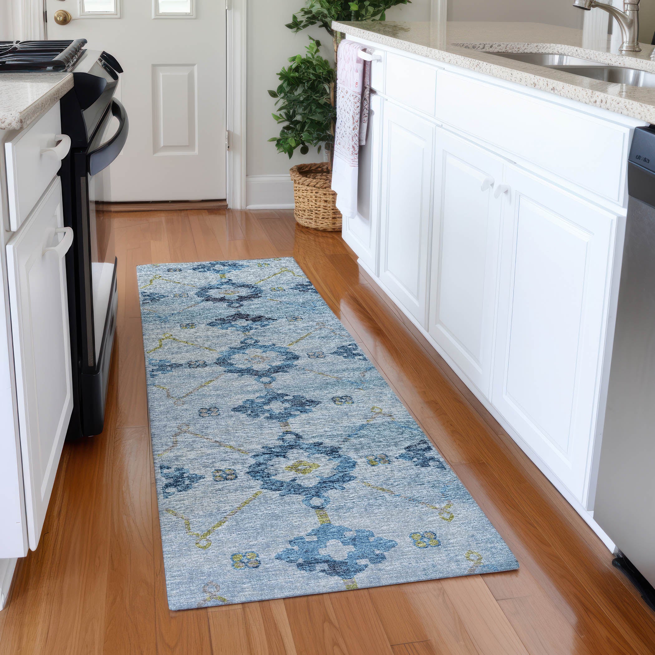 Oaxaca Machine Washable Transitional Blue Rug 2'3" x 7'6" #shape_Runner