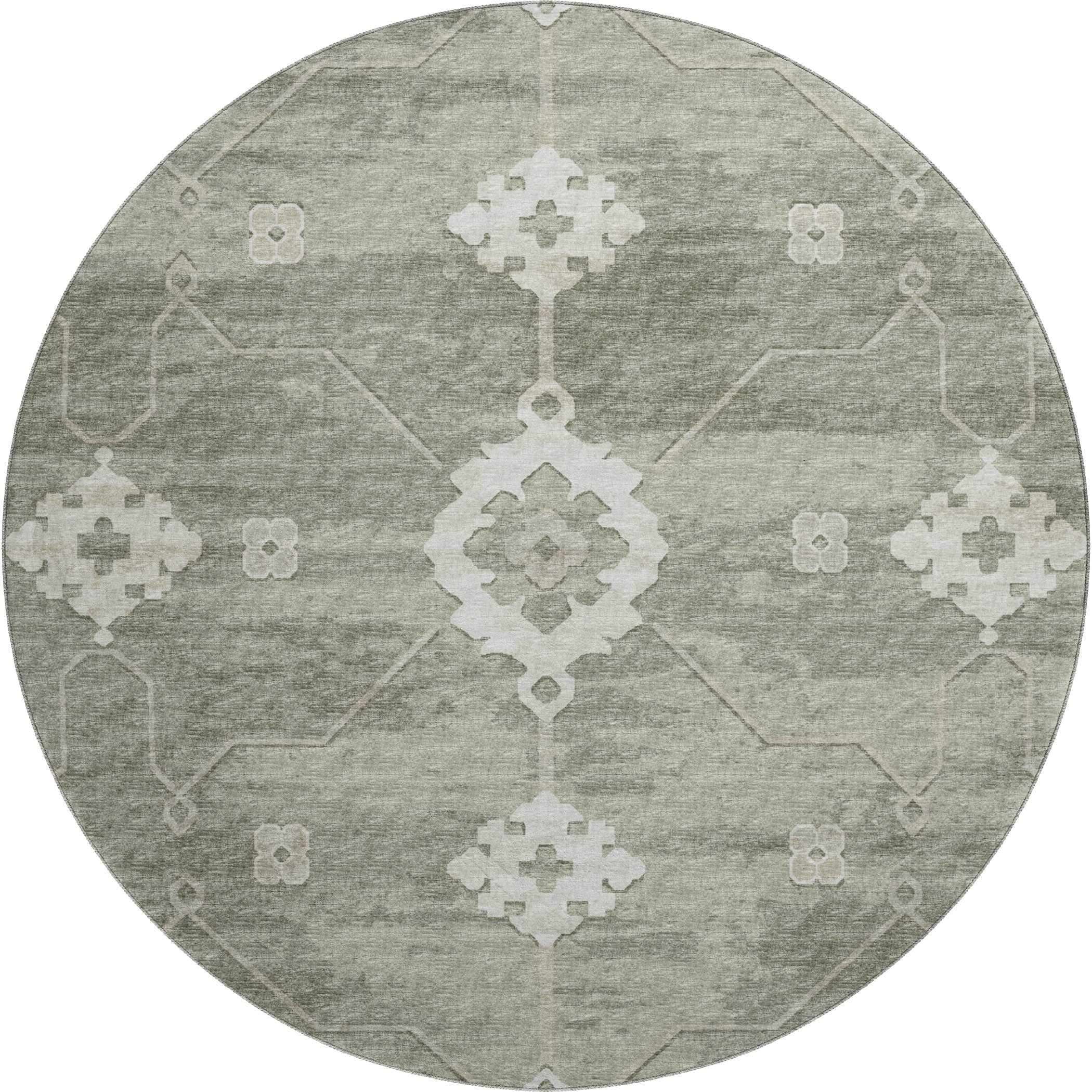 Oaxaca Machine Washable Transitional Olive Green Rug 8' x 8' #shape_Round