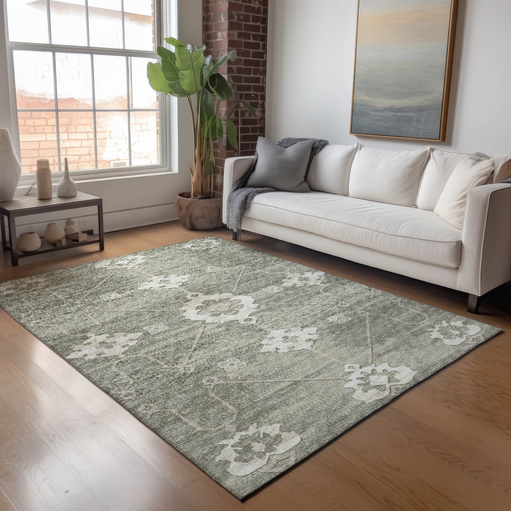 Oaxaca Machine Washable Transitional Olive Green Rug 2'6" x 3'10" #shape_Rectangle