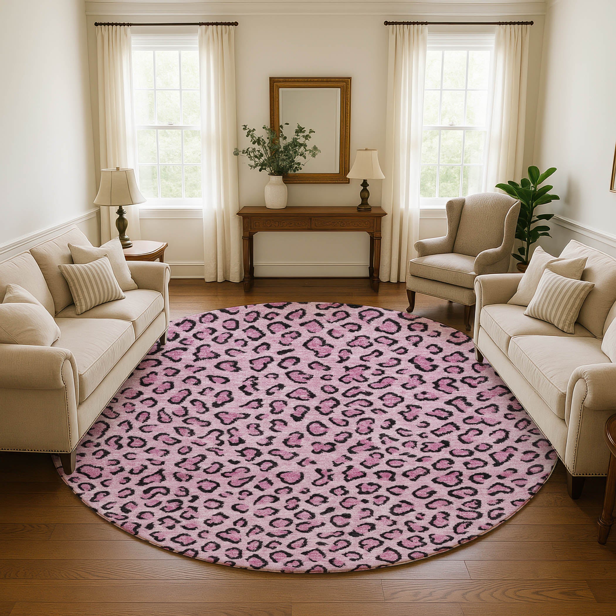 Baku Machine Washable Transitional Pink Rug 8' x 8' #shape_Round