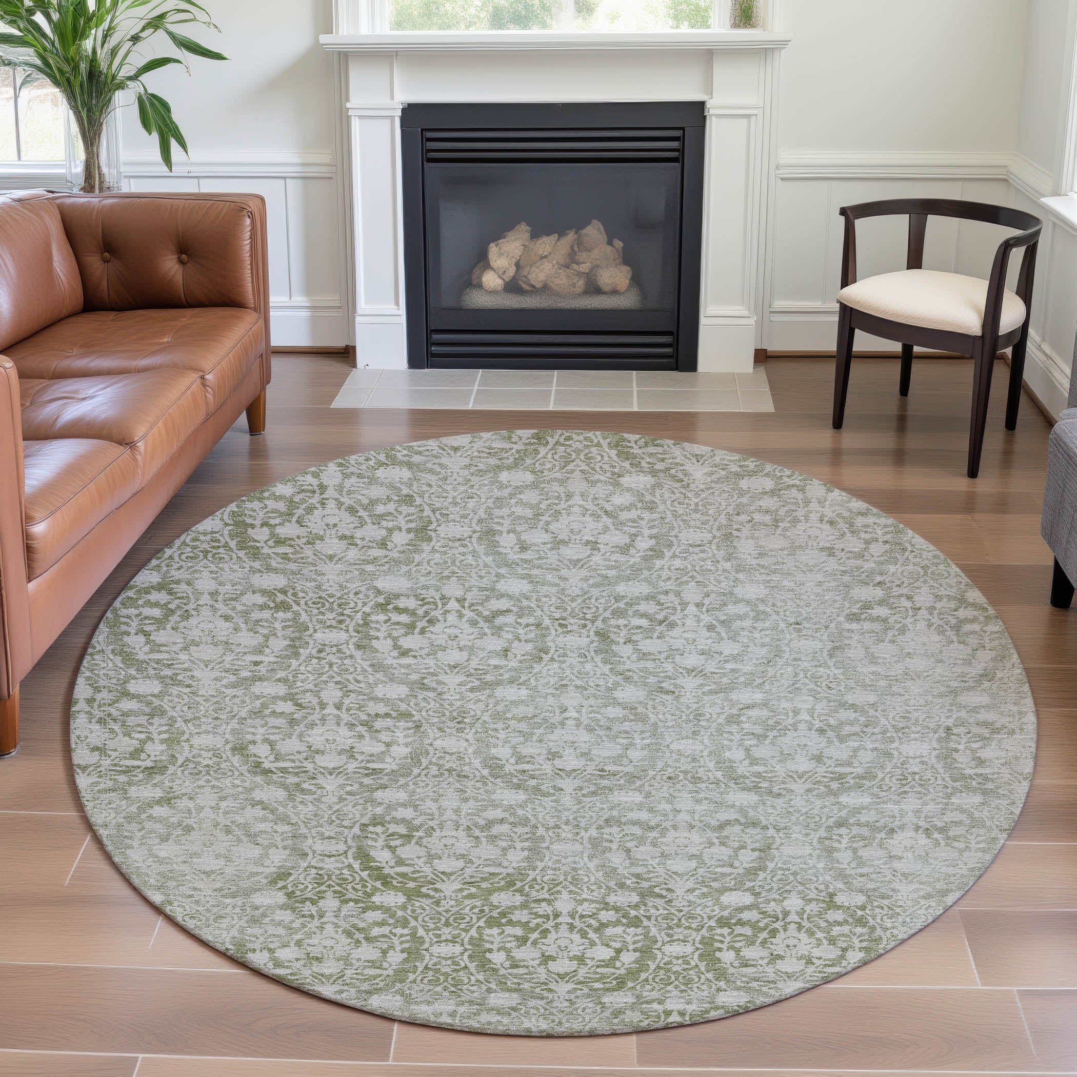 Vienna Machine Washable Transitional Aloe Green Rug 8' x 8' #shape_Round