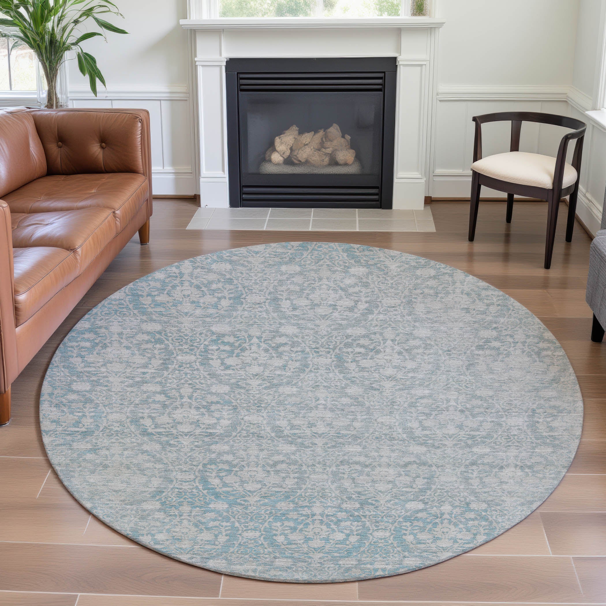Vienna Machine Washable Transitional Aqua Teal Rug 8' x 8' #shape_Round