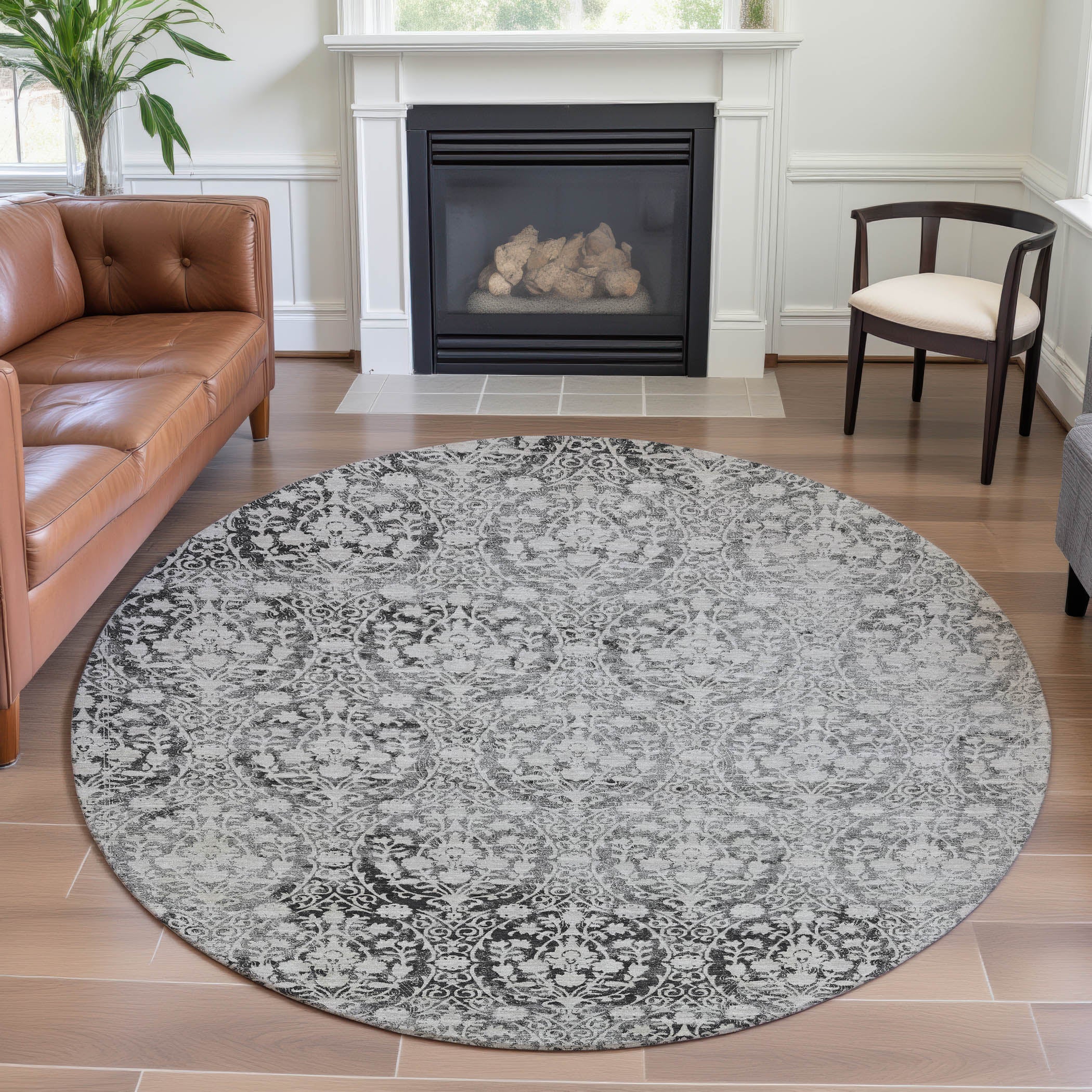 Vienna Machine Washable Transitional Charcoal Gray Rug 8' x 8' #shape_Round