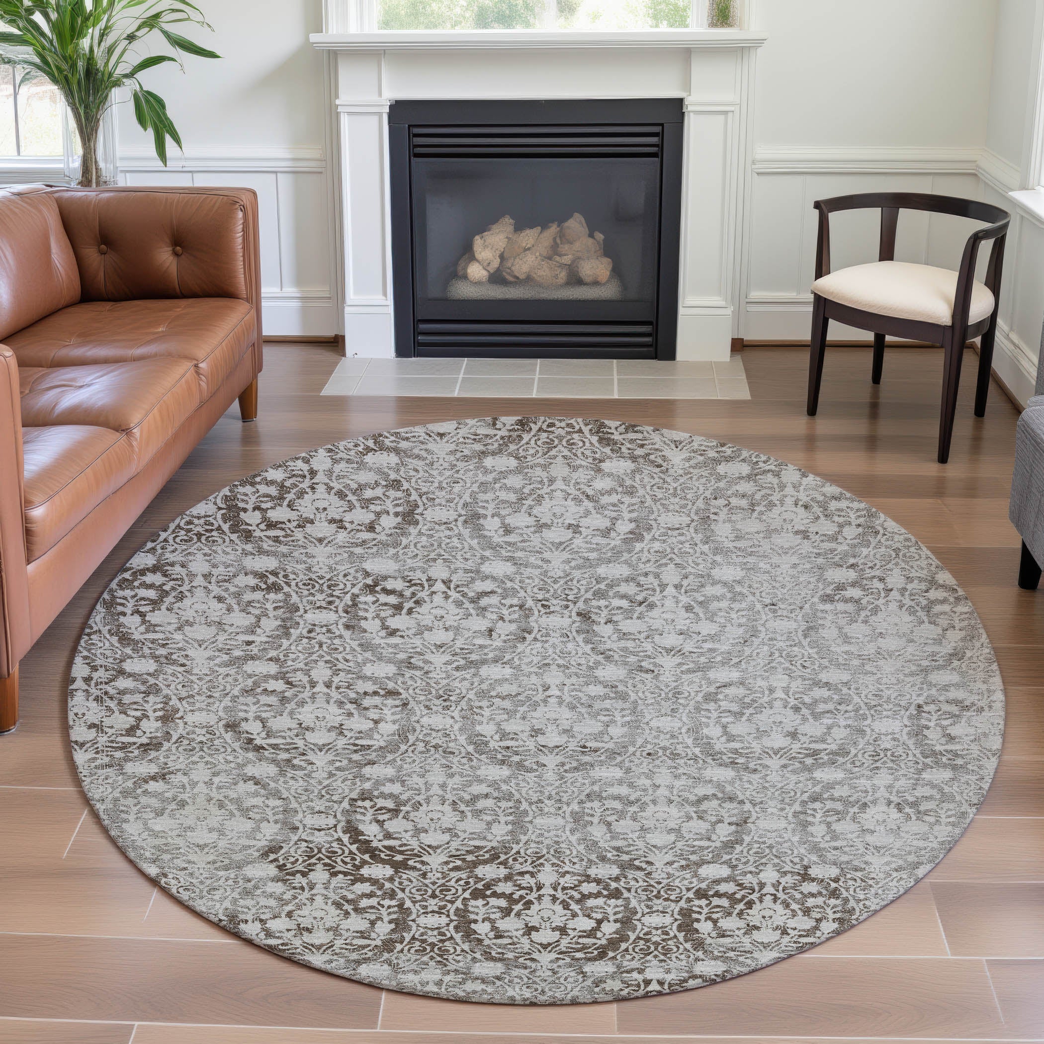 Vienna Machine Washable Transitional Chocolate Brown Rug 8' x 8' #shape_Round