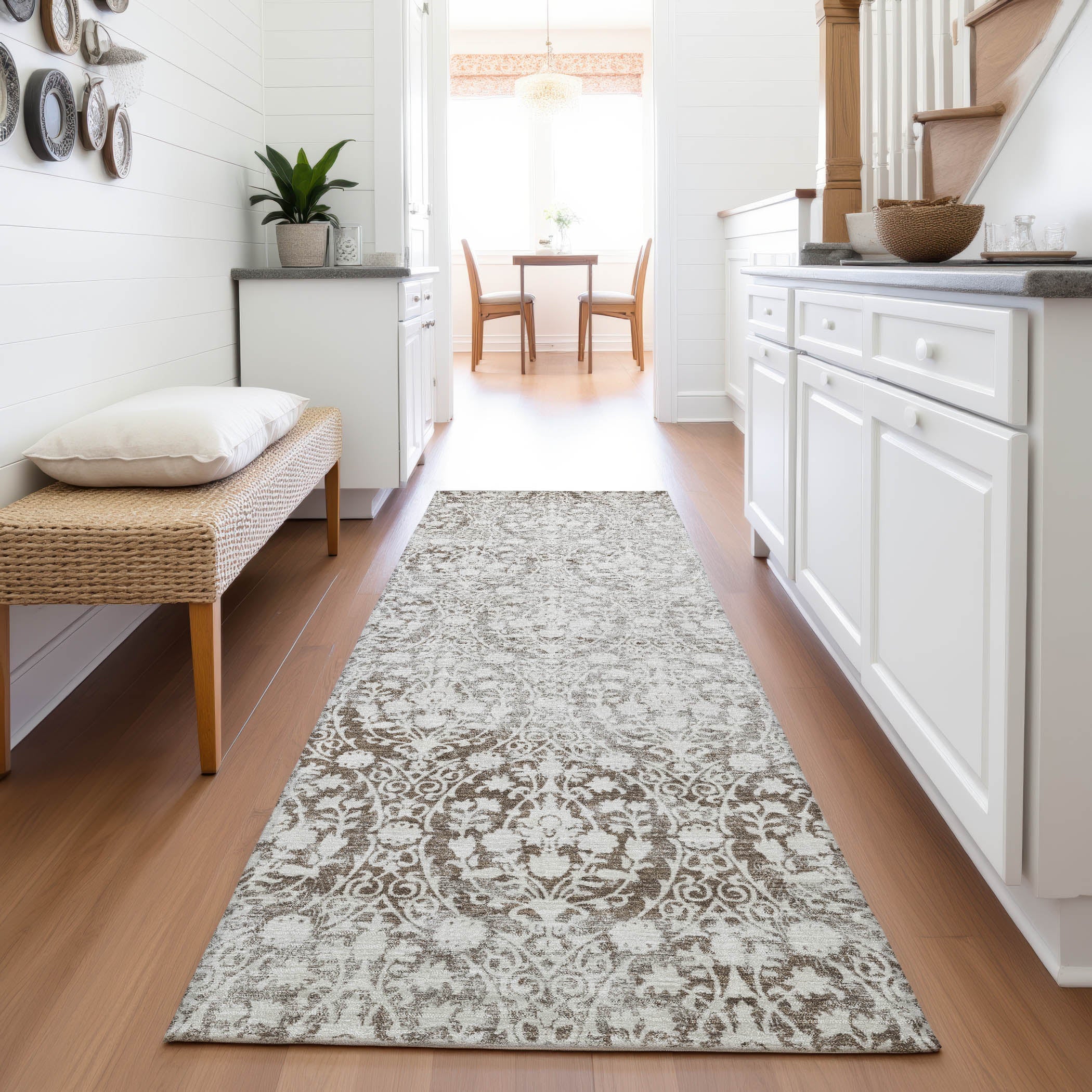 Vienna Machine Washable Transitional Chocolate Brown Rug 2'3" x 7'6" #shape_Runner