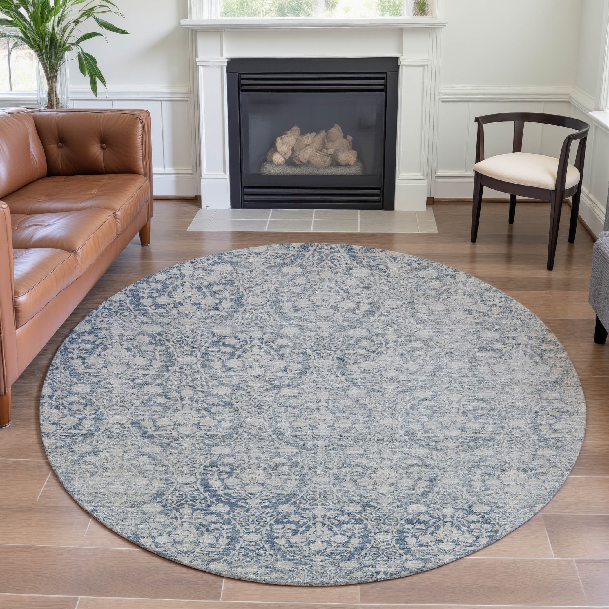 Vienna Machine Washable Transitional Denim Blue Rug 8' x 8' #shape_Round