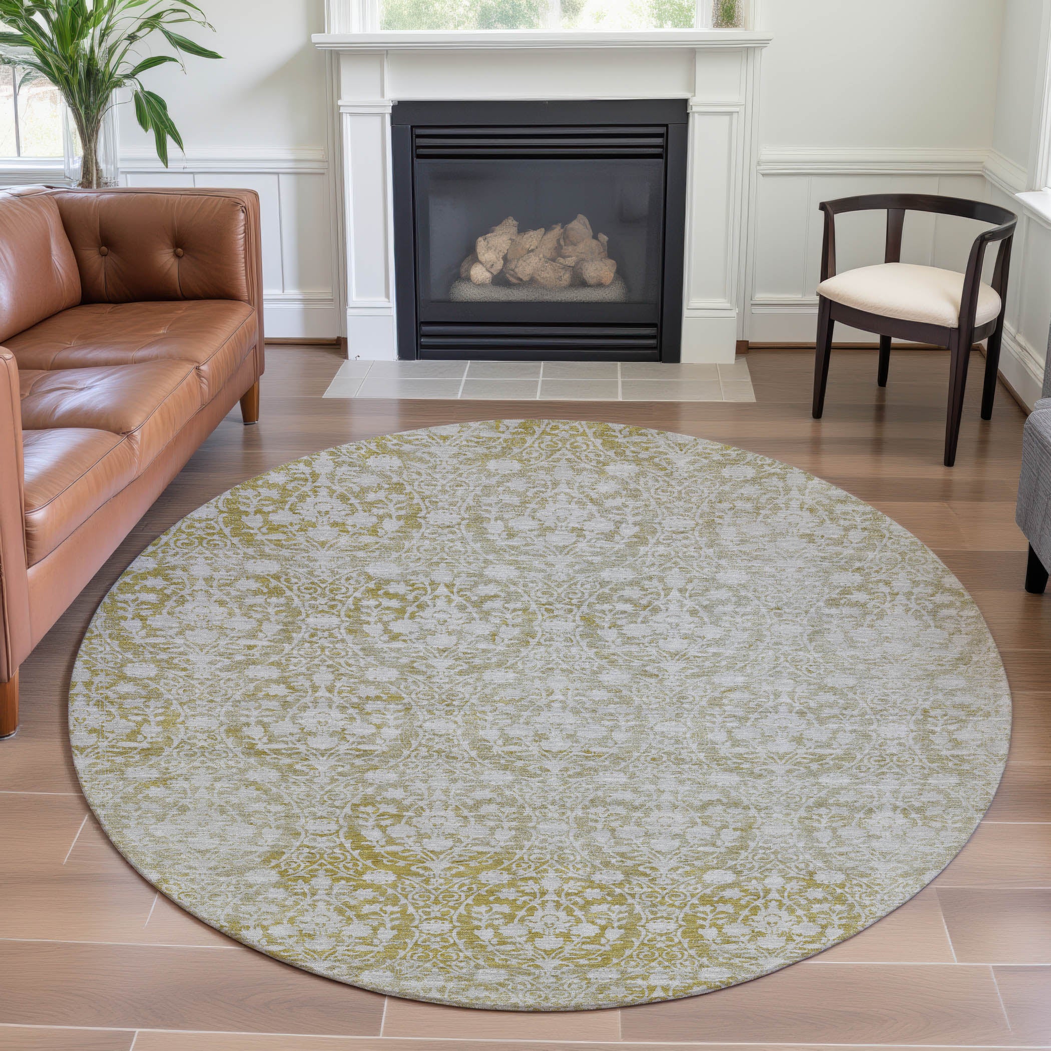 Vienna Machine Washable Transitional Gold Rug 8' x 8' #shape_Round