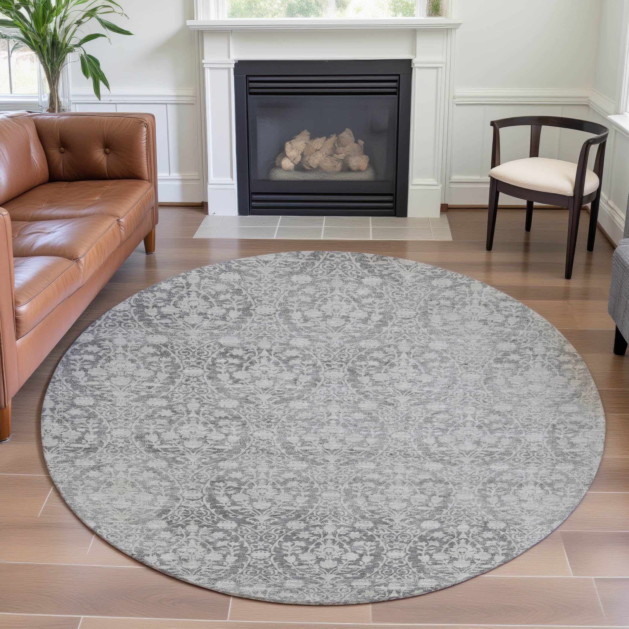Vienna Machine Washable Transitional Gray Rug 8' x 8' #shape_Round