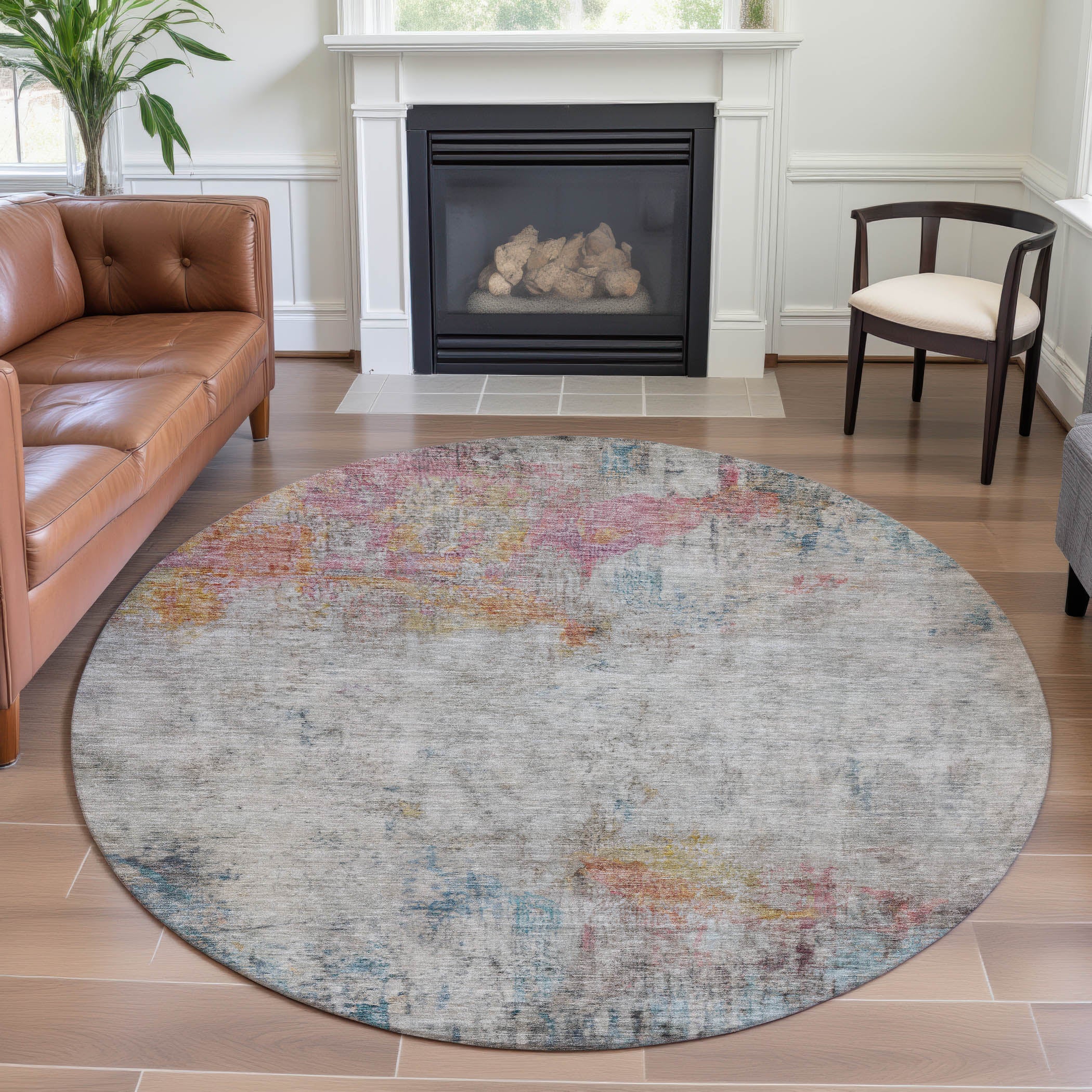 Marrakech Machine Washable Transitional Teal Rug 8' x 8' #shape_Round