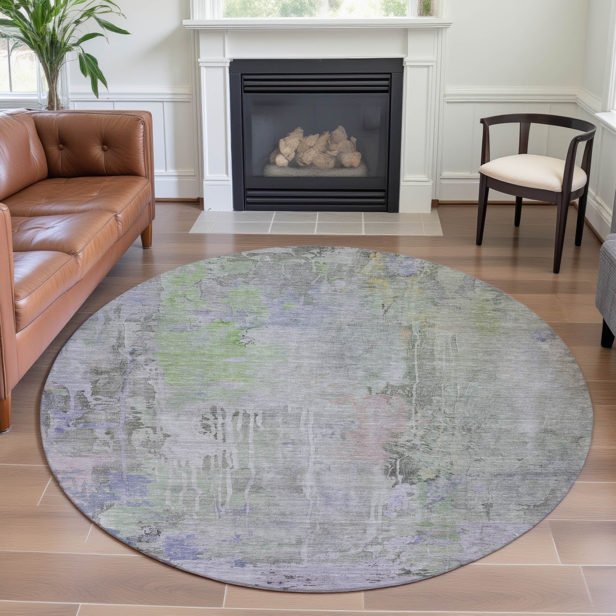 Porto Machine Washable Transitional Aloe Green Rug 8' x 8' #shape_Round