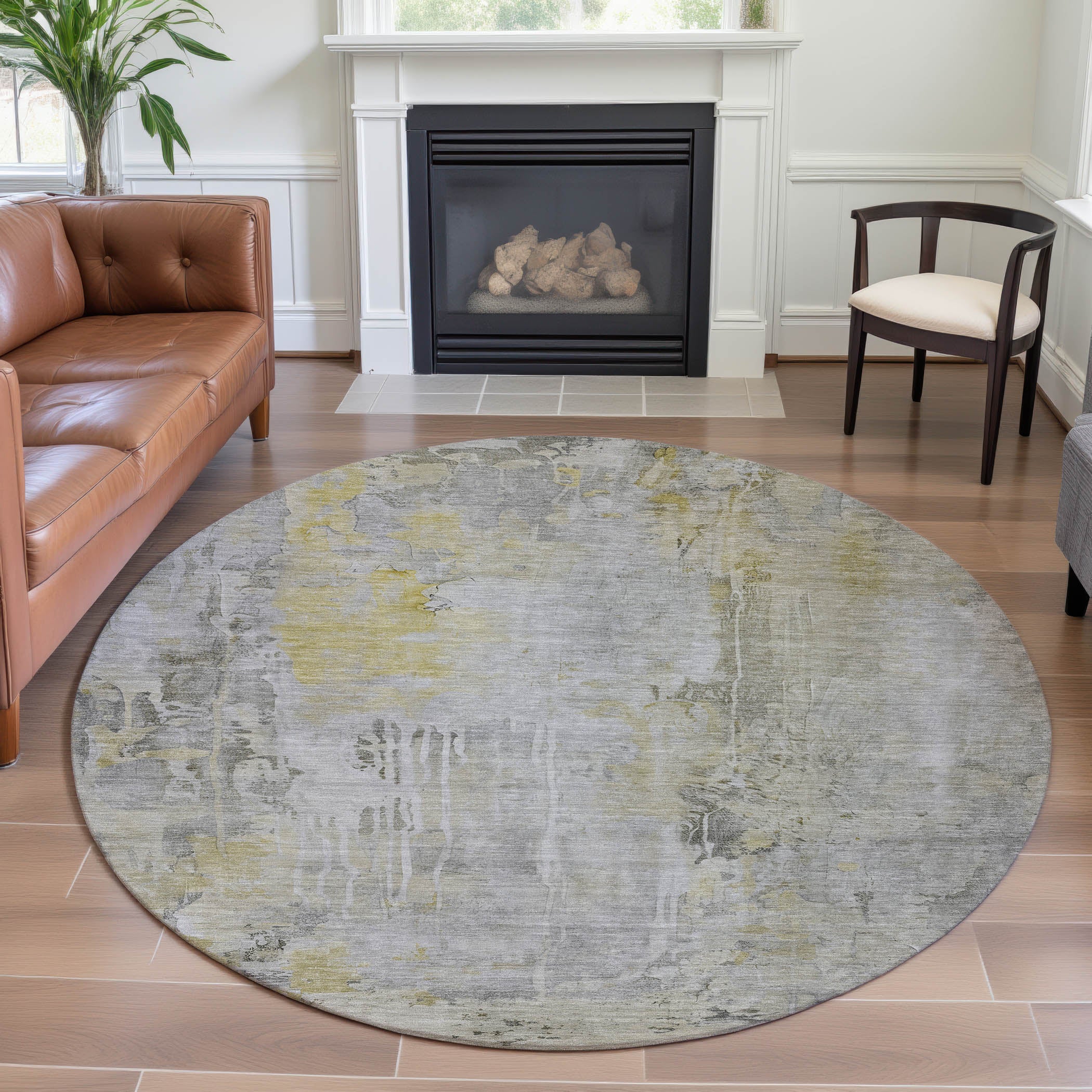 Porto Machine Washable Transitional Silver Gray Rug 8' x 8' #shape_Round