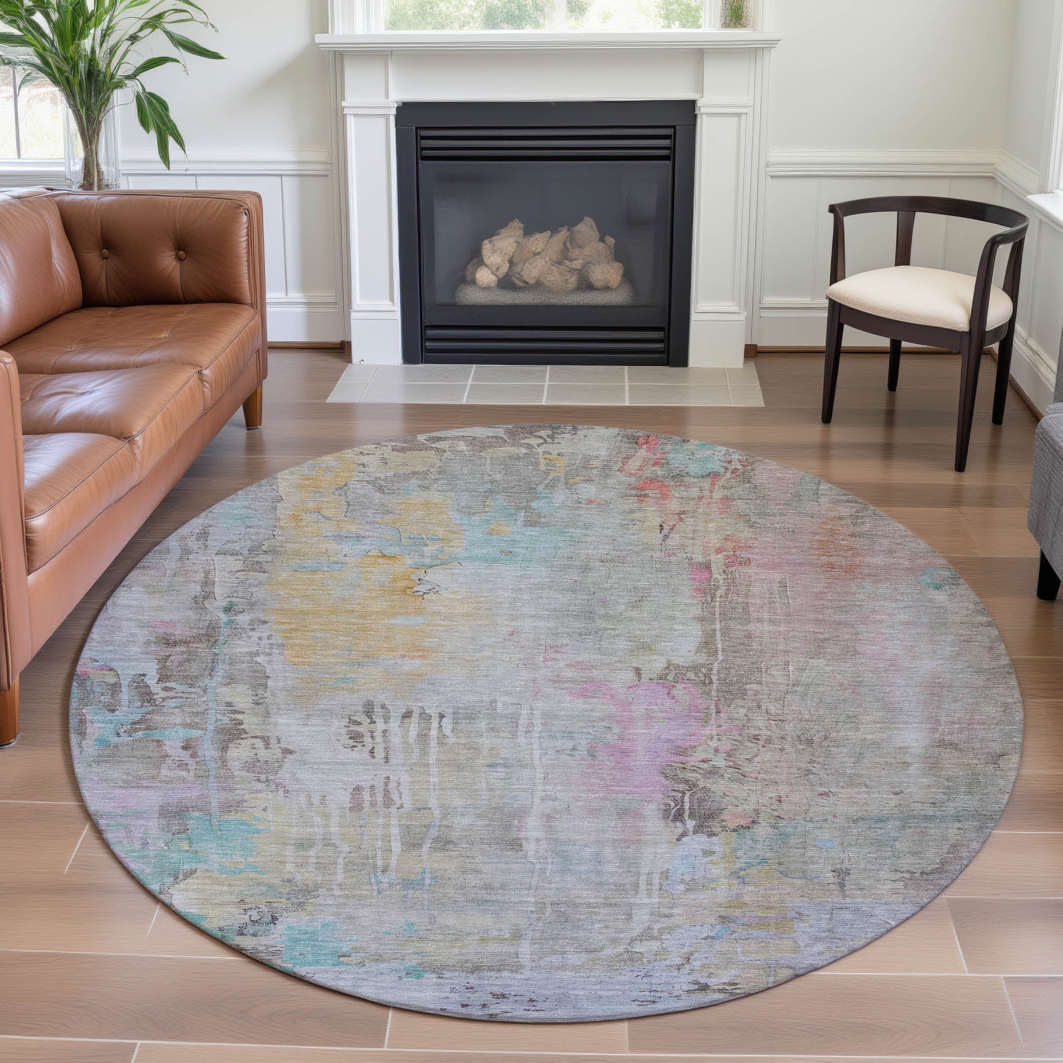 Porto Machine Washable Transitional Taupe Brown Rug 8' x 8' #shape_Round