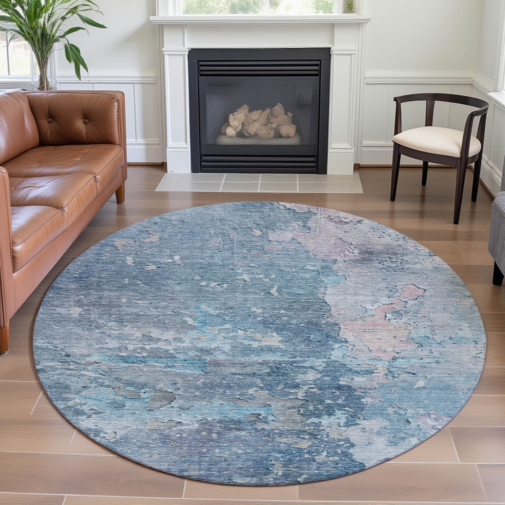 Havana Machine Washable Transitional Blue Rug 8' x 8' #shape_Round