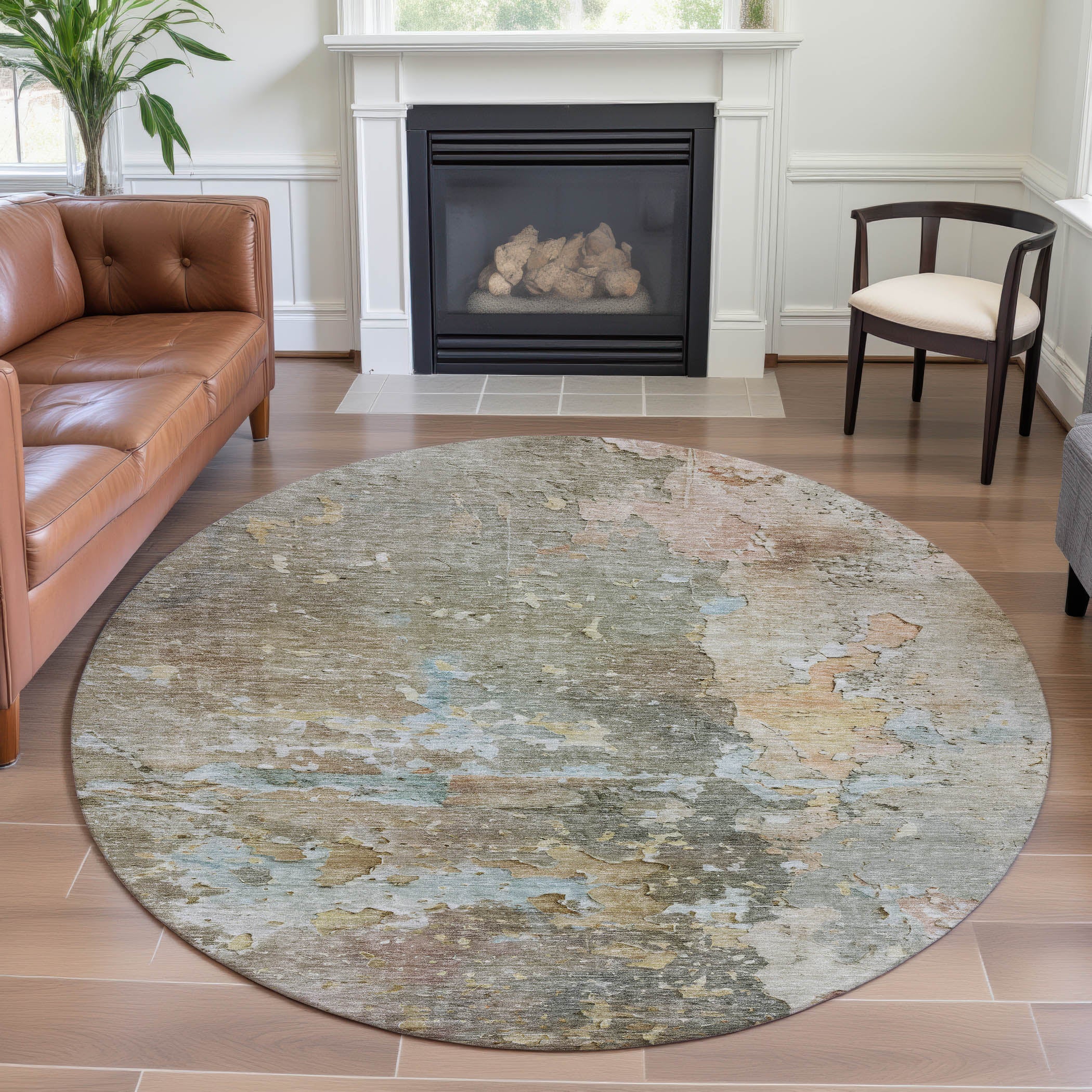 Havana Machine Washable Transitional Brown Rug 8' x 8' #shape_Round