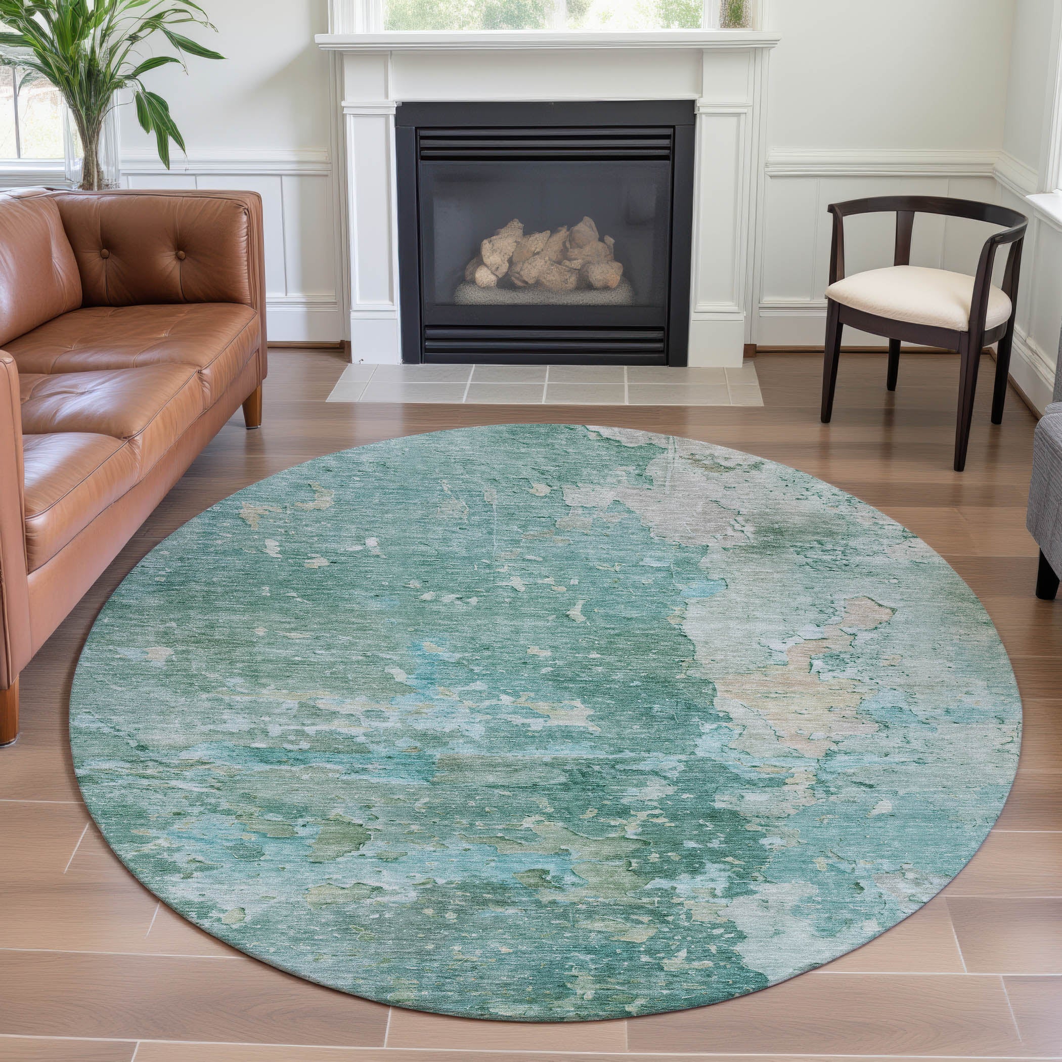 Havana Machine Washable Transitional Emerald Green Rug 8' x 8' #shape_Round