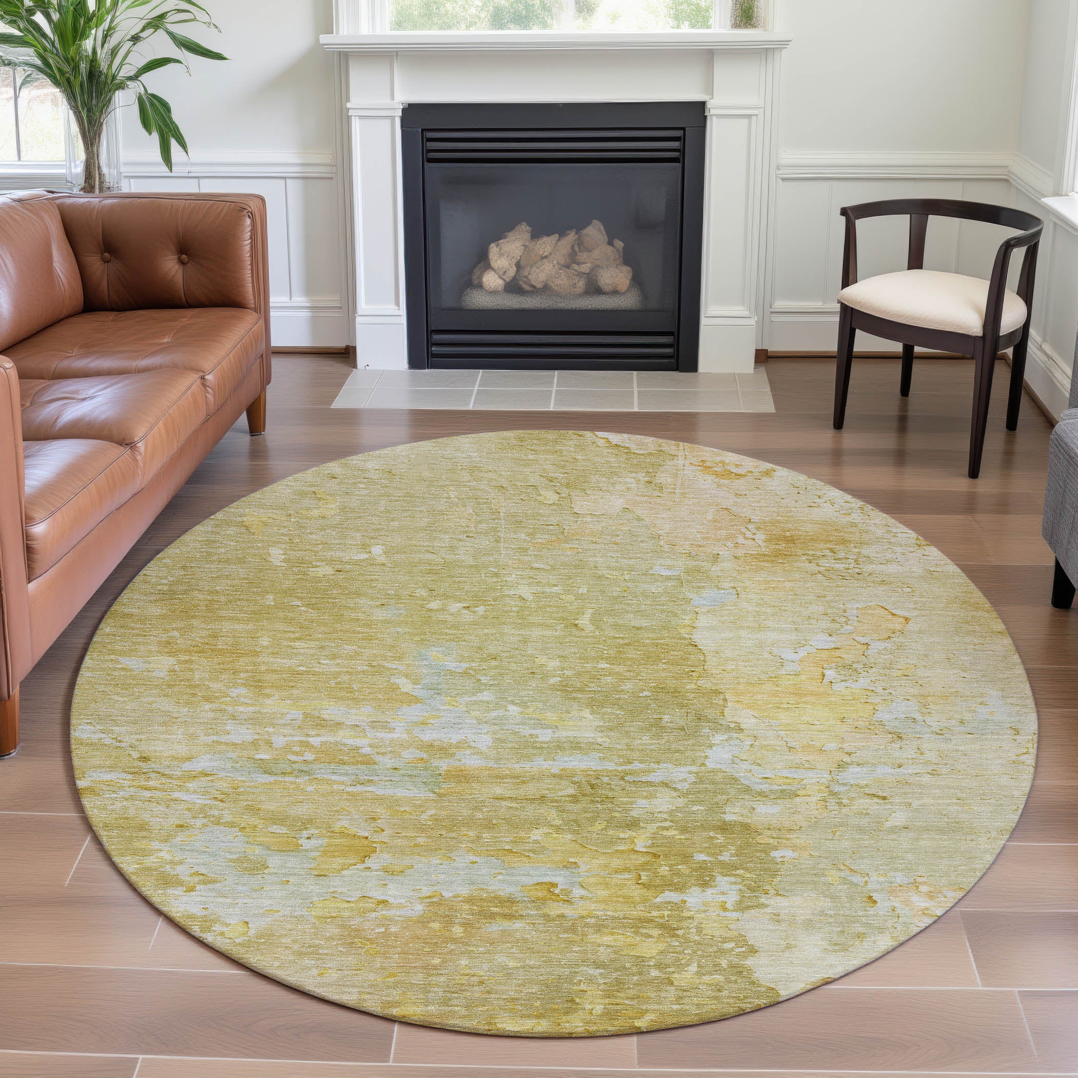 Havana Machine Washable Transitional Gold Rug 8' x 8' #shape_Round
