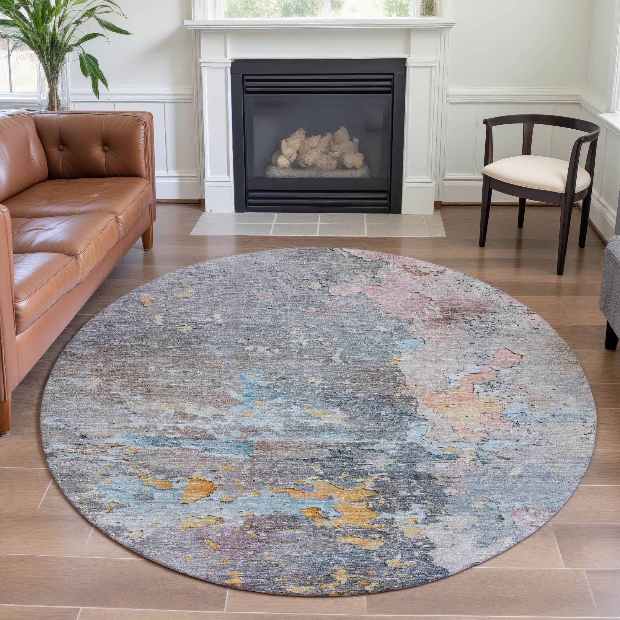 Havana Machine Washable Transitional Granite Gray Rug 8' x 8' #shape_Round