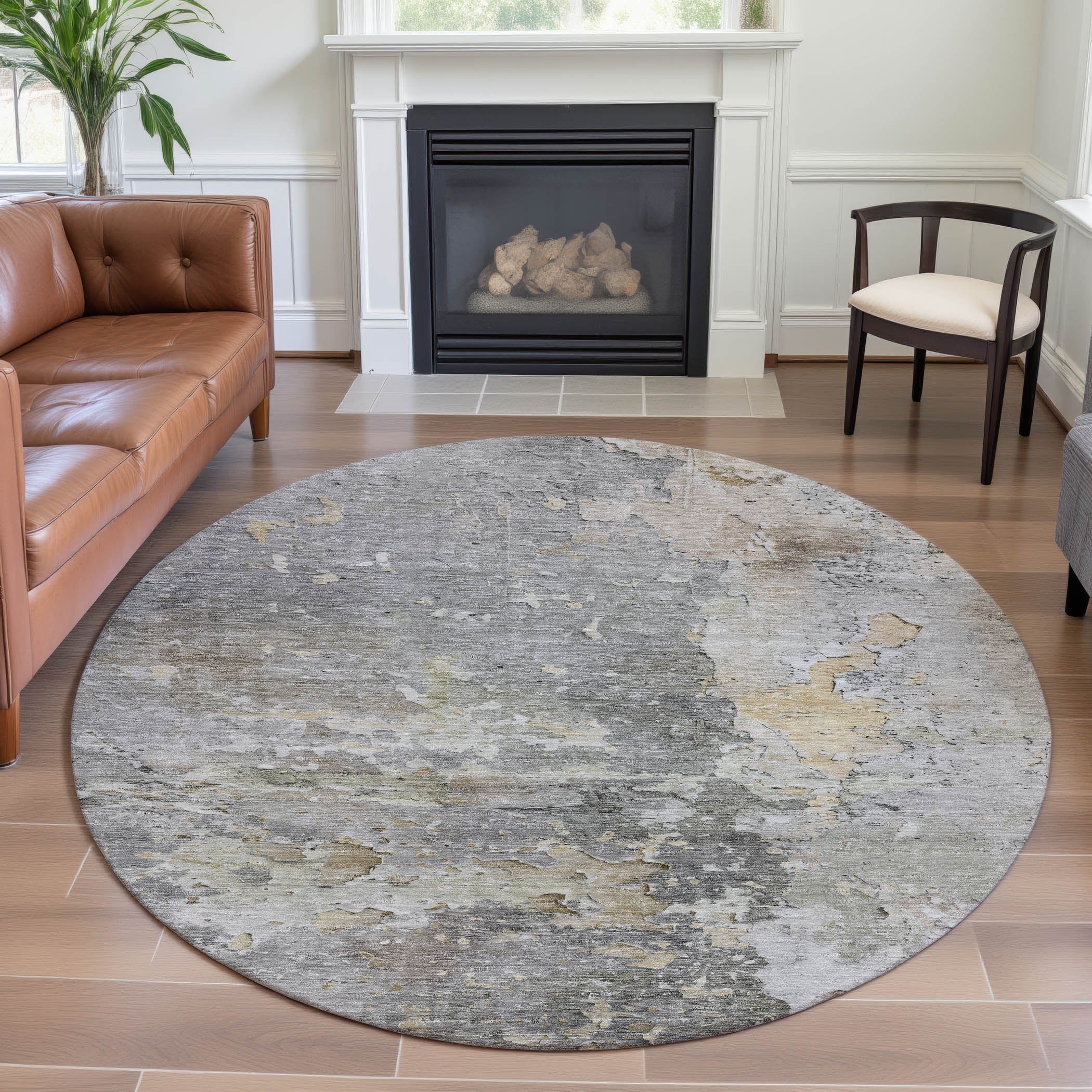 Havana Machine Washable Transitional Gray Rug 8' x 8' #shape_Round