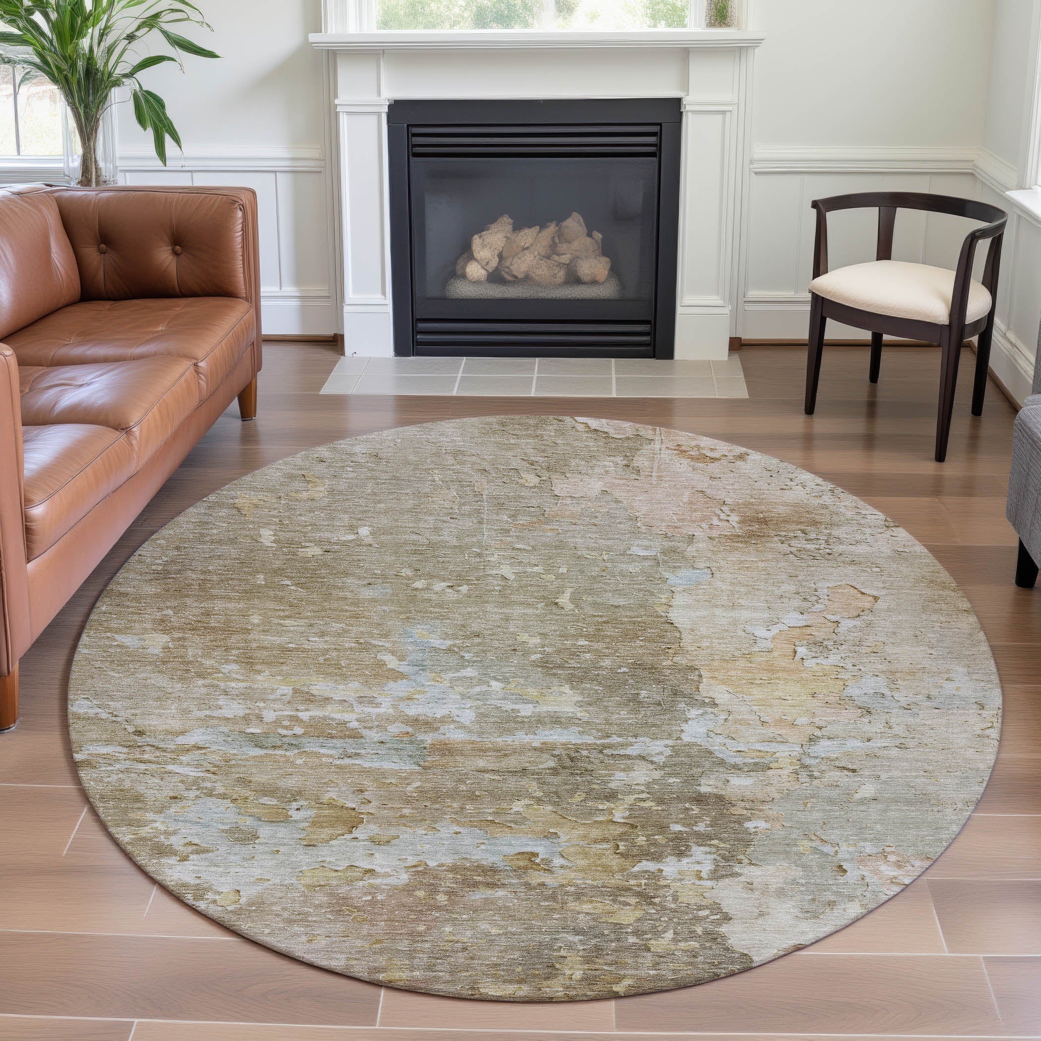 Havana Machine Washable Transitional Khaki Brown Rug 8' x 8' #shape_Round