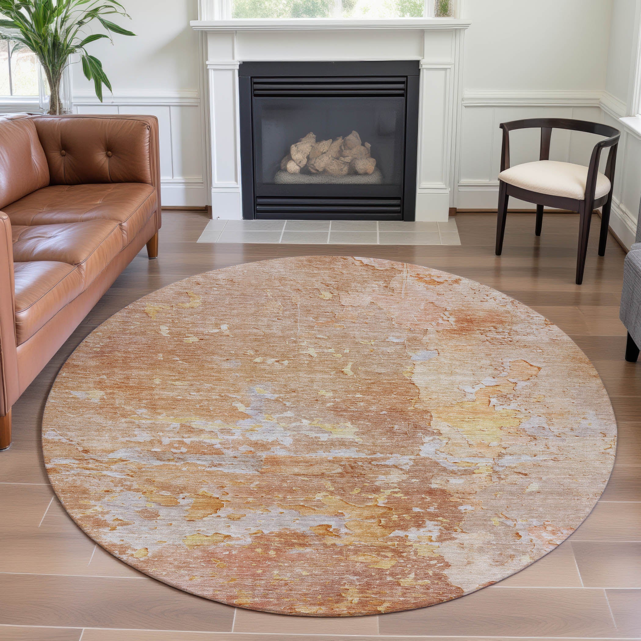 Havana Machine Washable Transitional Salmon Orange Rug 8' x 8' #shape_Round