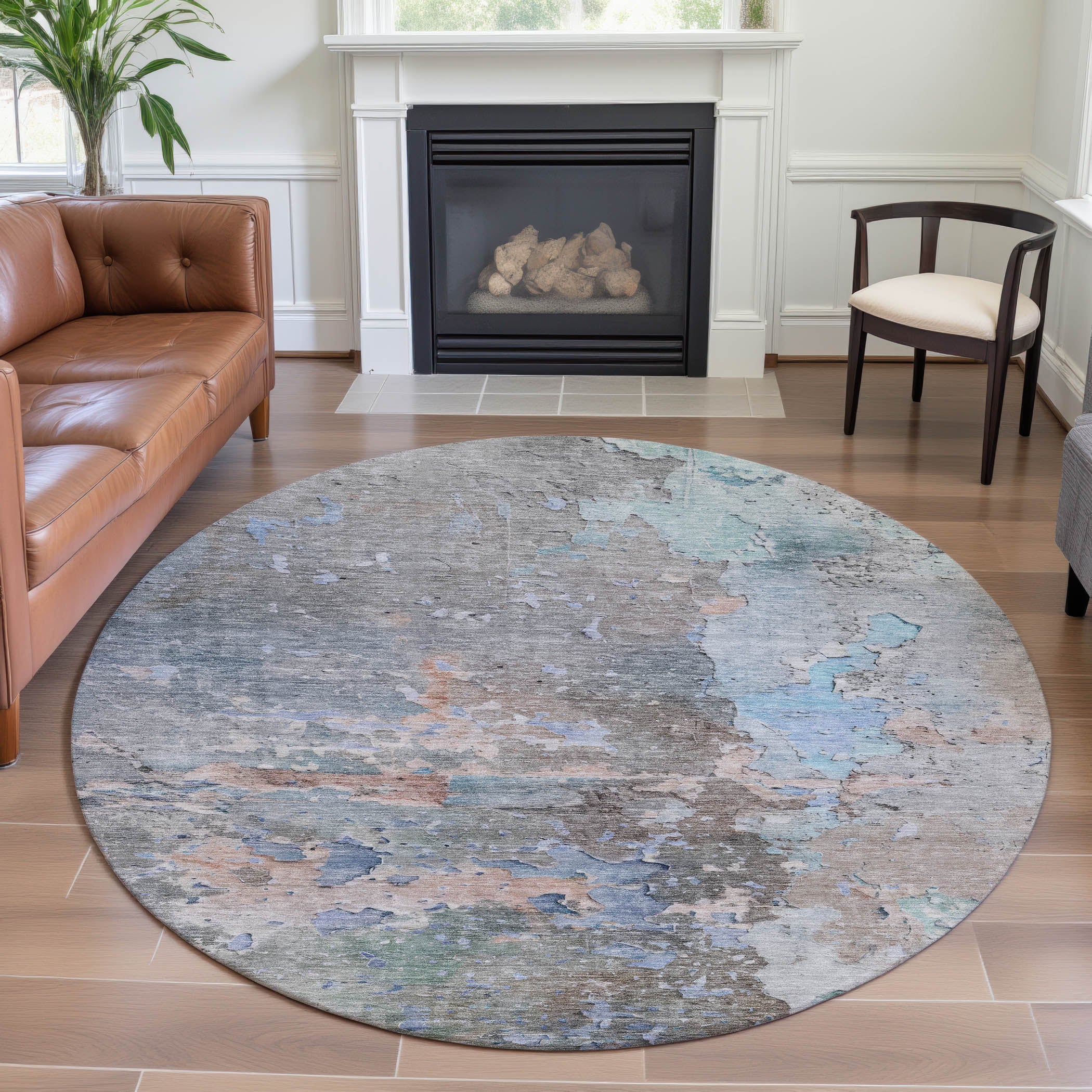 Havana Machine Washable Transitional Taupe Brown Rug 8' x 8' #shape_Round