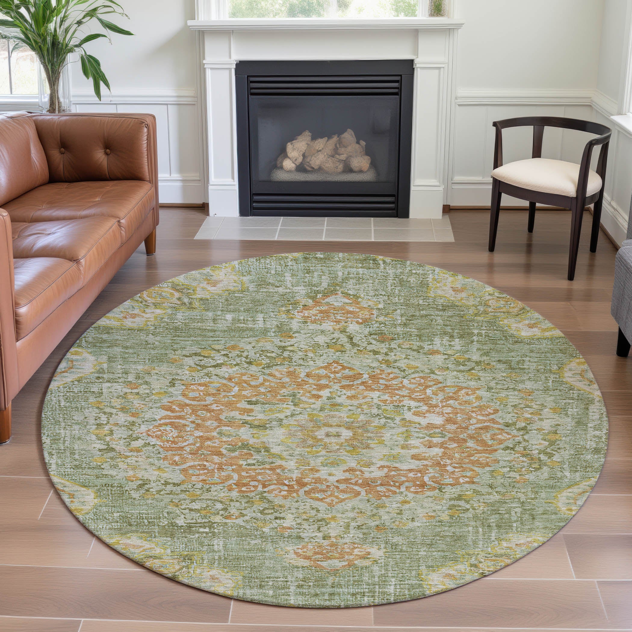 Sarajevo Machine Washable Traditional Aloe Green Rug 8' x 8' #shape_Round